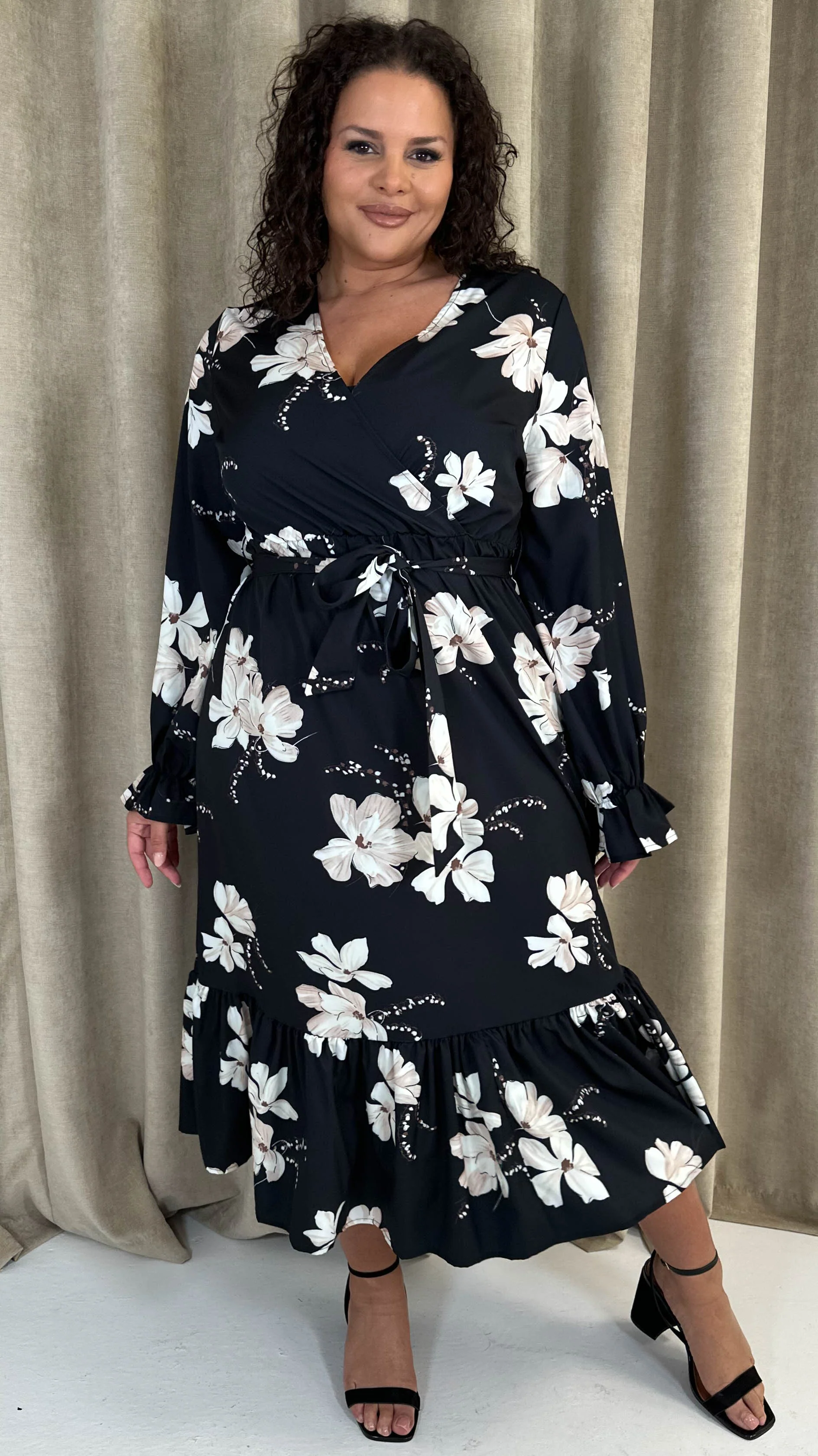 CurveWow Long Sleeve Floral Wrap Midaxi Dress Black/Ivory - Image 7