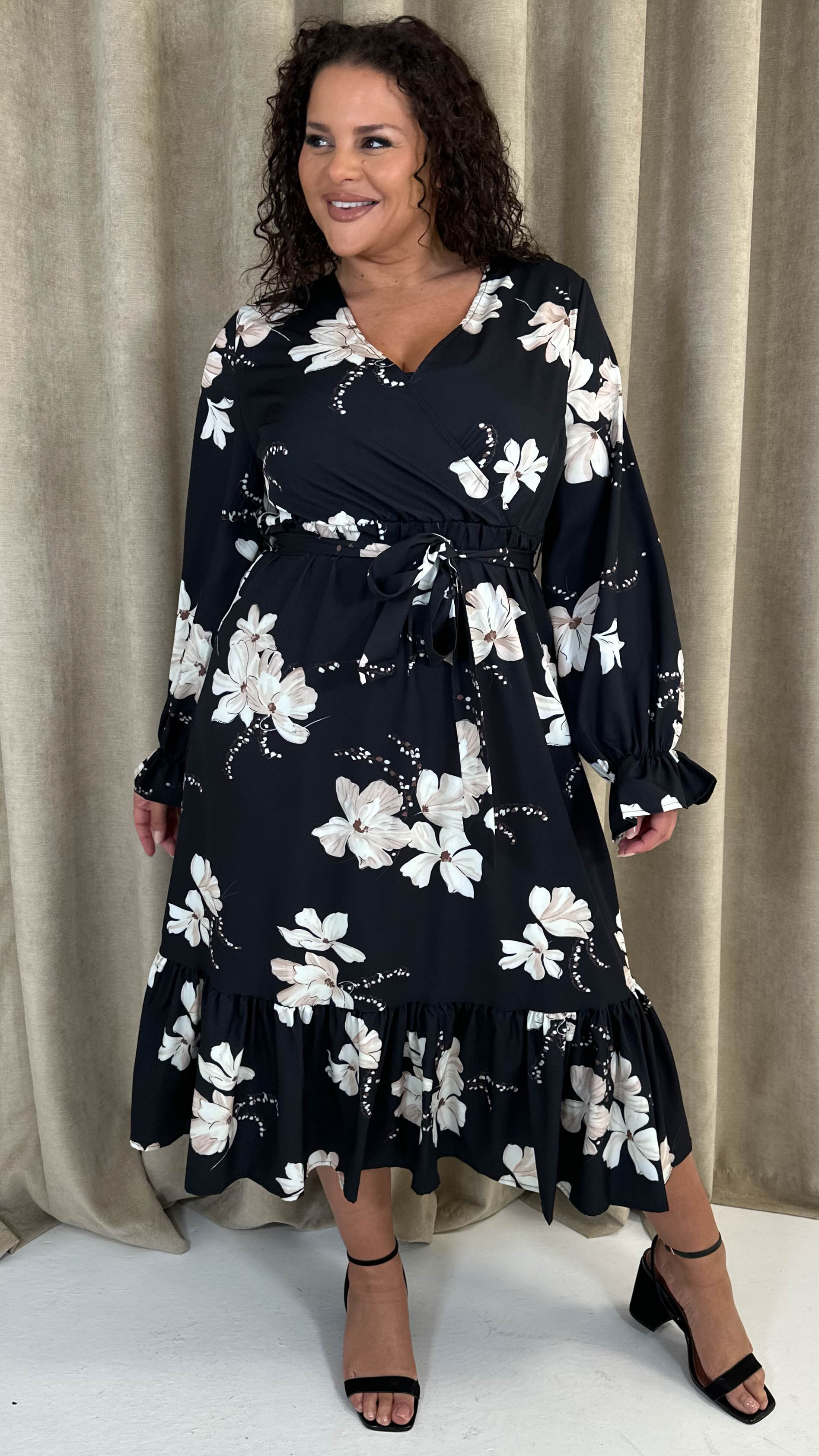 CurveWow Long Sleeve Floral Wrap Midaxi Dress Black/Ivory - Image 8