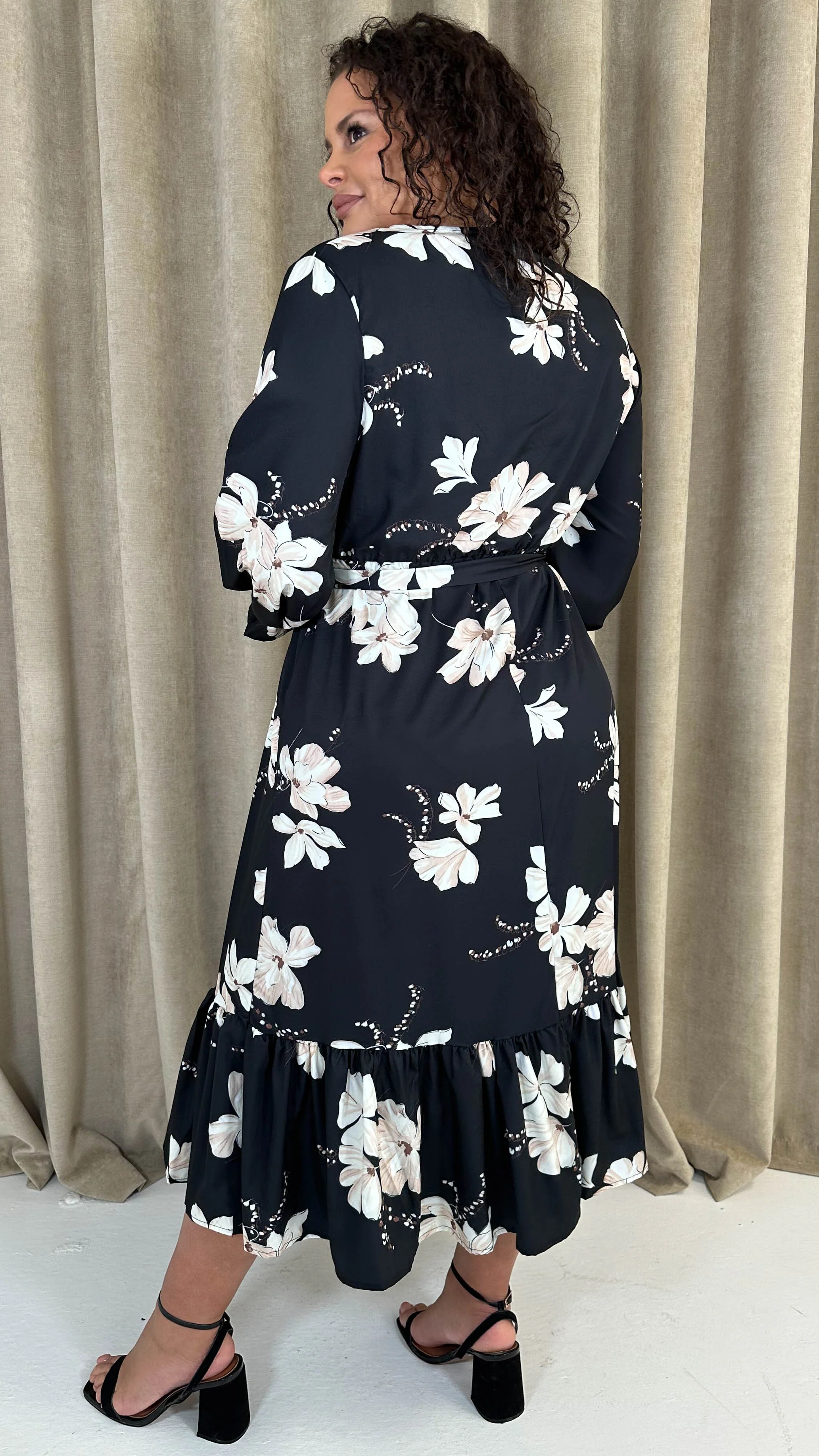 CurveWow Long Sleeve Floral Wrap Midaxi Dress Black/Ivory - Image 9