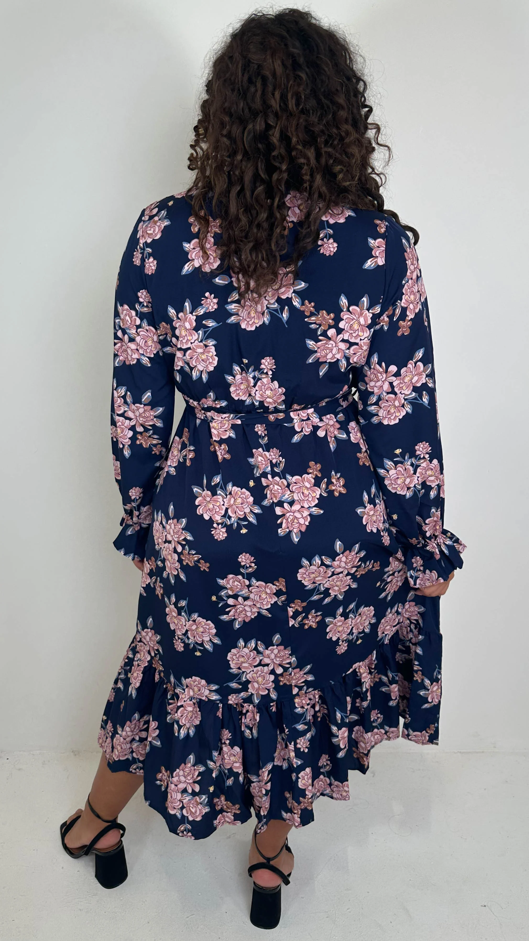 CurveWow Long Sleeve Floral Wrap Midaxi Dress Navy/Pink - Image 6