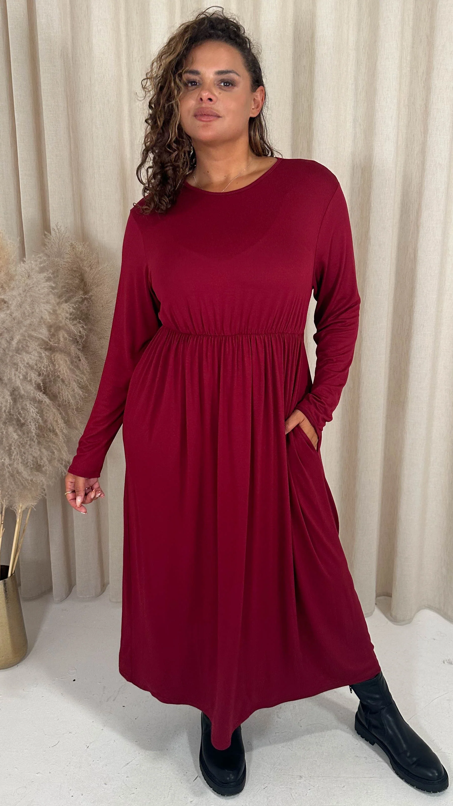 CurveWow Long Sleeve Jersey Pocket Midi Dress Wine - Image 3
