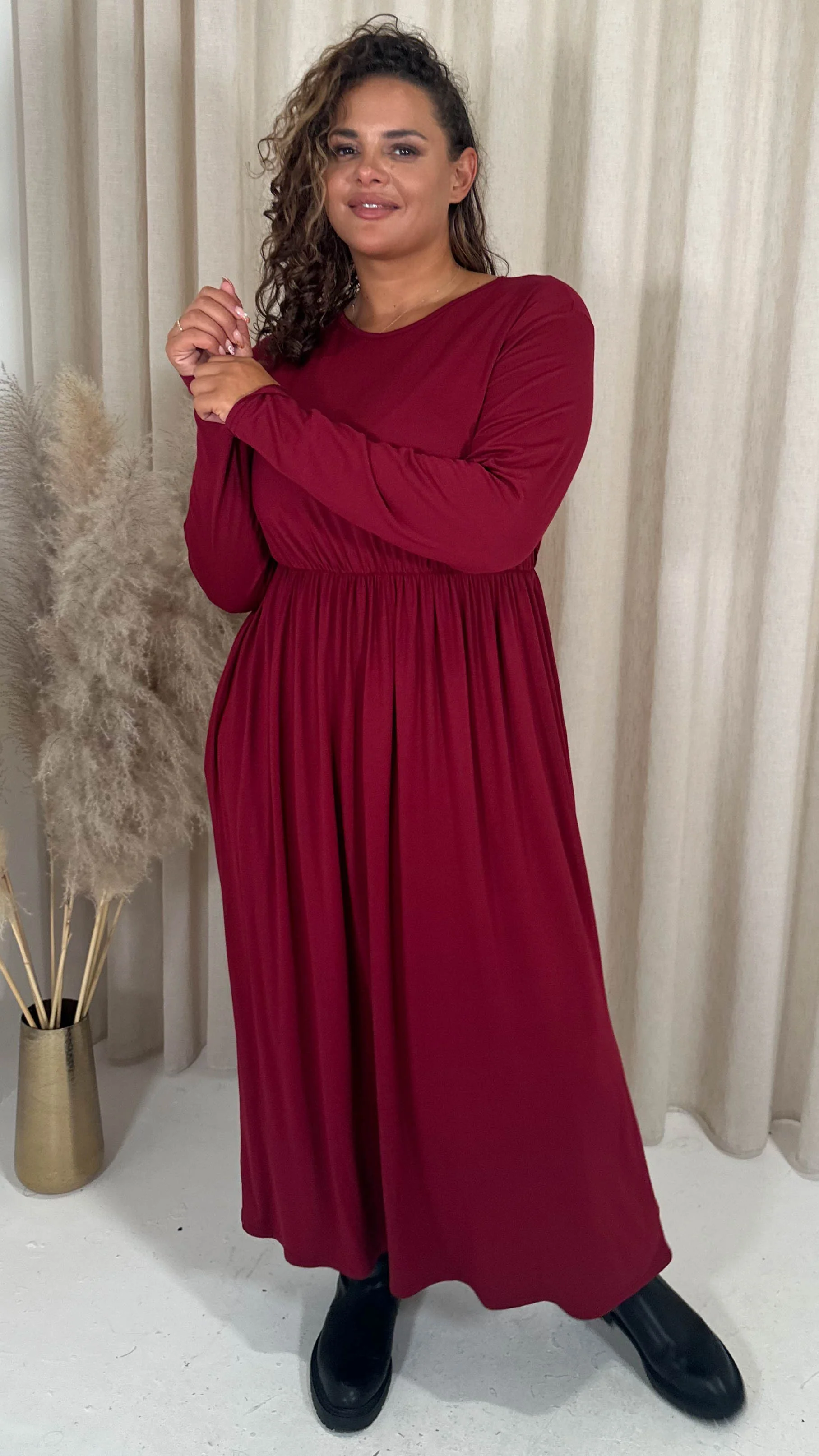 CurveWow Long Sleeve Jersey Pocket Midi Dress Wine - Image 4