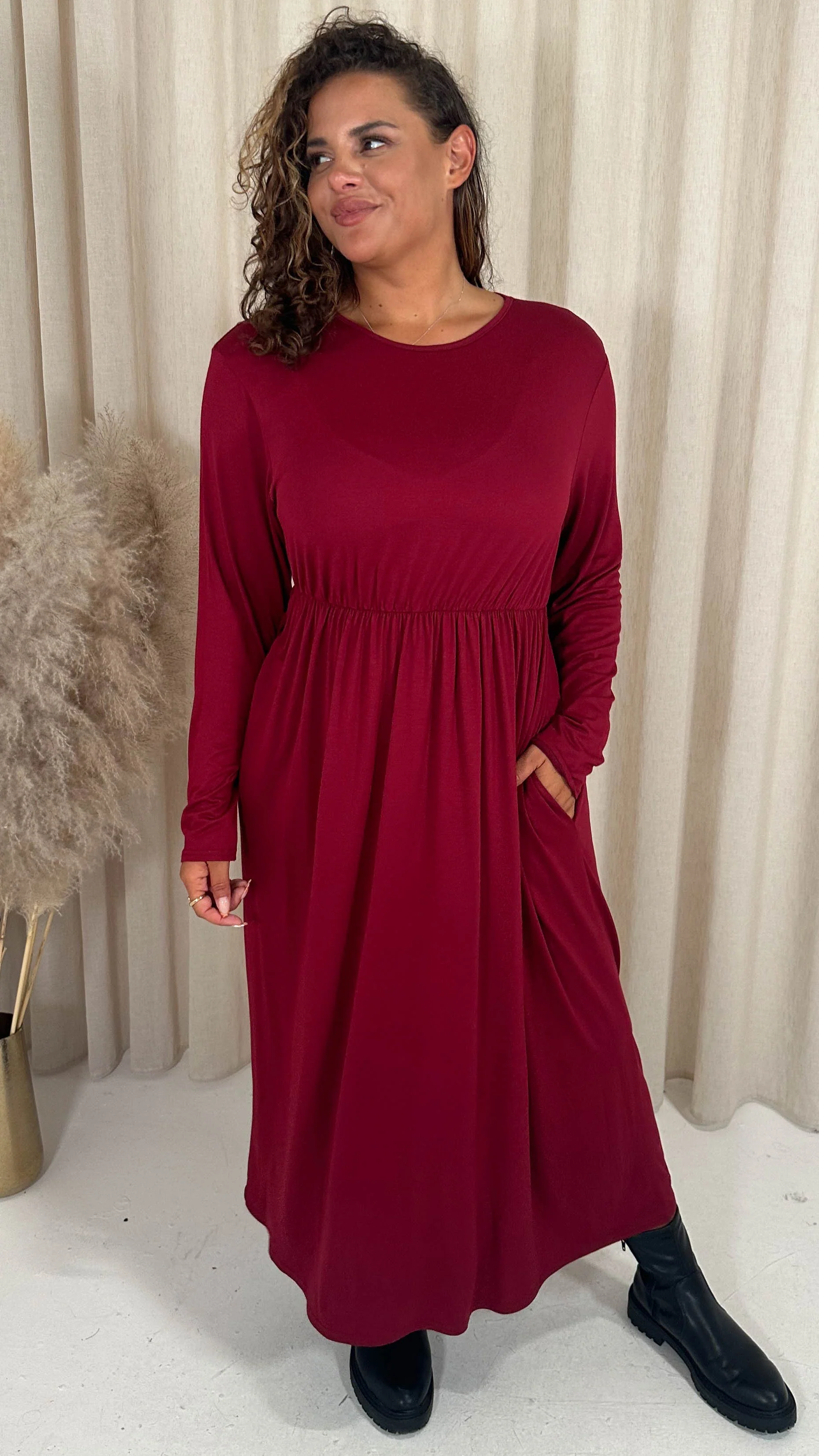 CurveWow Long Sleeve Jersey Pocket Midi Dress Wine - Image 5