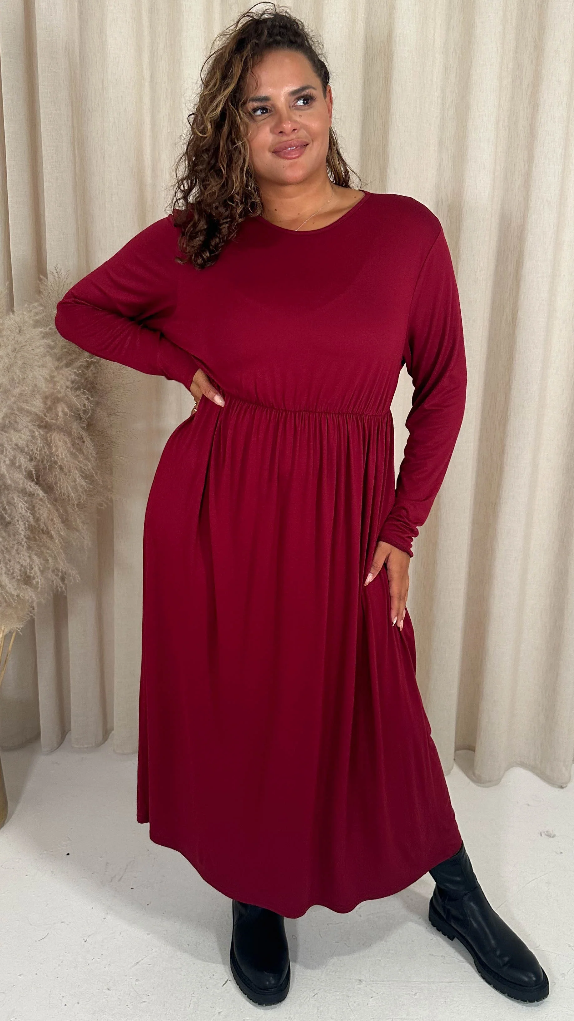 CurveWow Long Sleeve Jersey Pocket Midi Dress Wine - Image 6