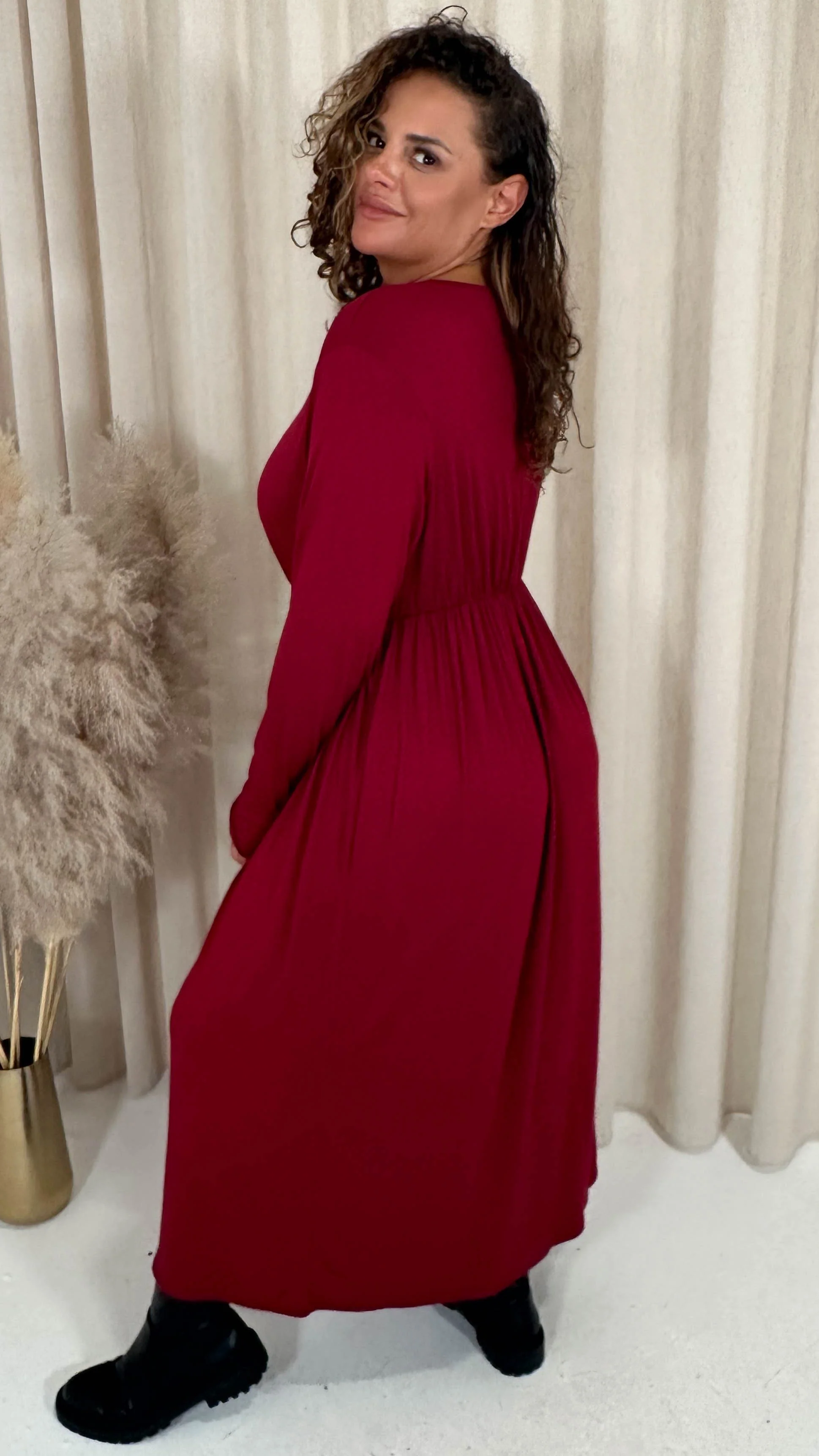 CurveWow Long Sleeve Jersey Pocket Midi Dress Wine - Image 7