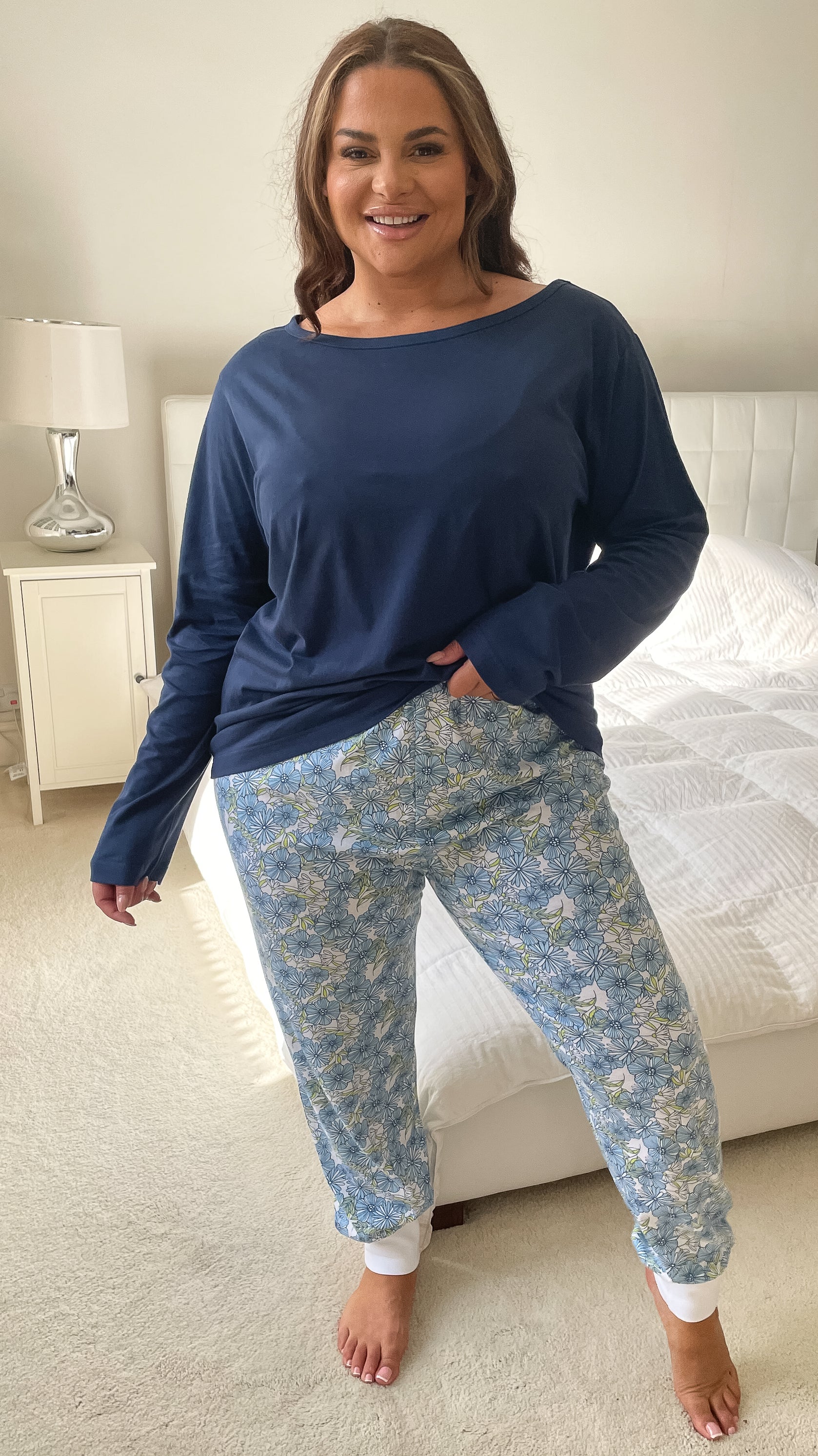 CurveWow Long Sleeve PJ Set Blue Floral - Image 3
