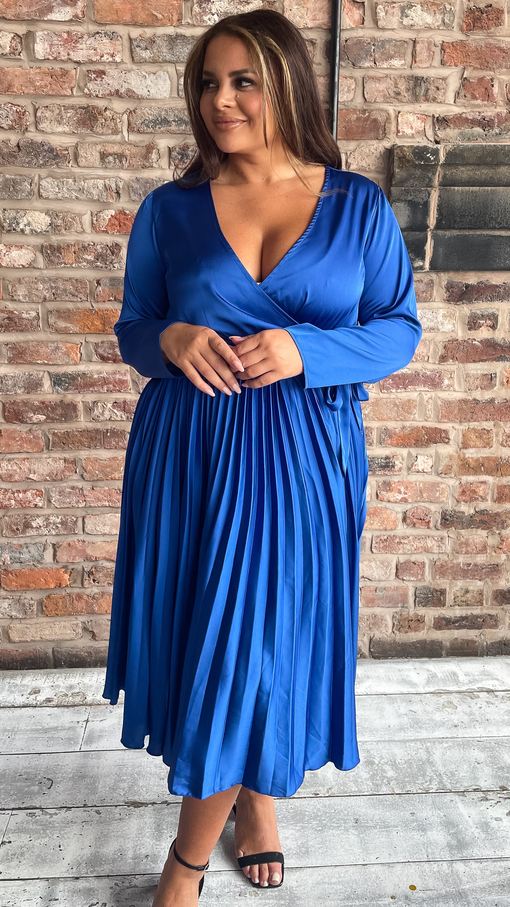 CurveWow Long Sleeve Pleated Wrap Dress Cobalt Blue - Image 4