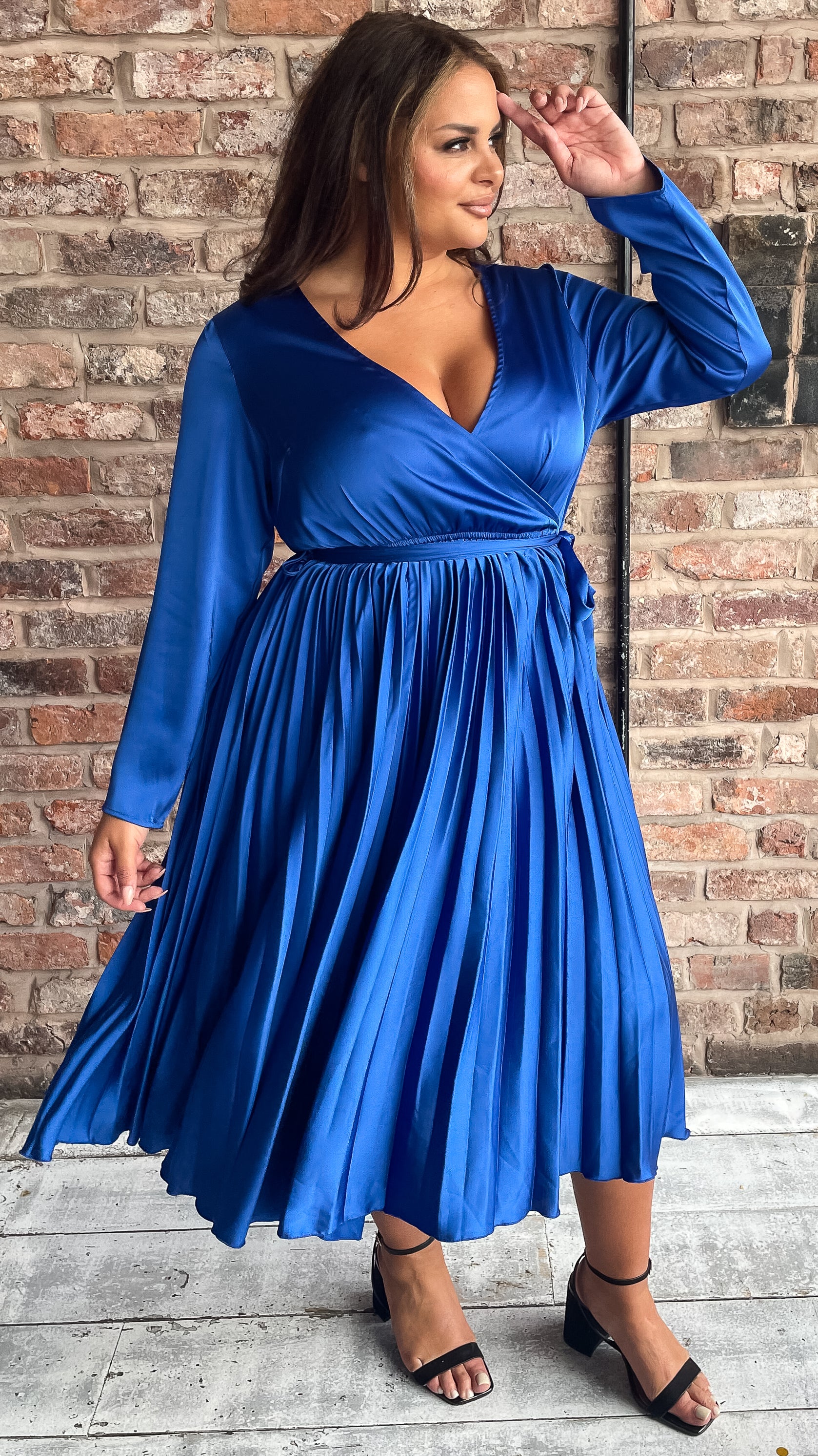 CurveWow Long Sleeve Pleated Wrap Dress Cobalt Blue - Image 7