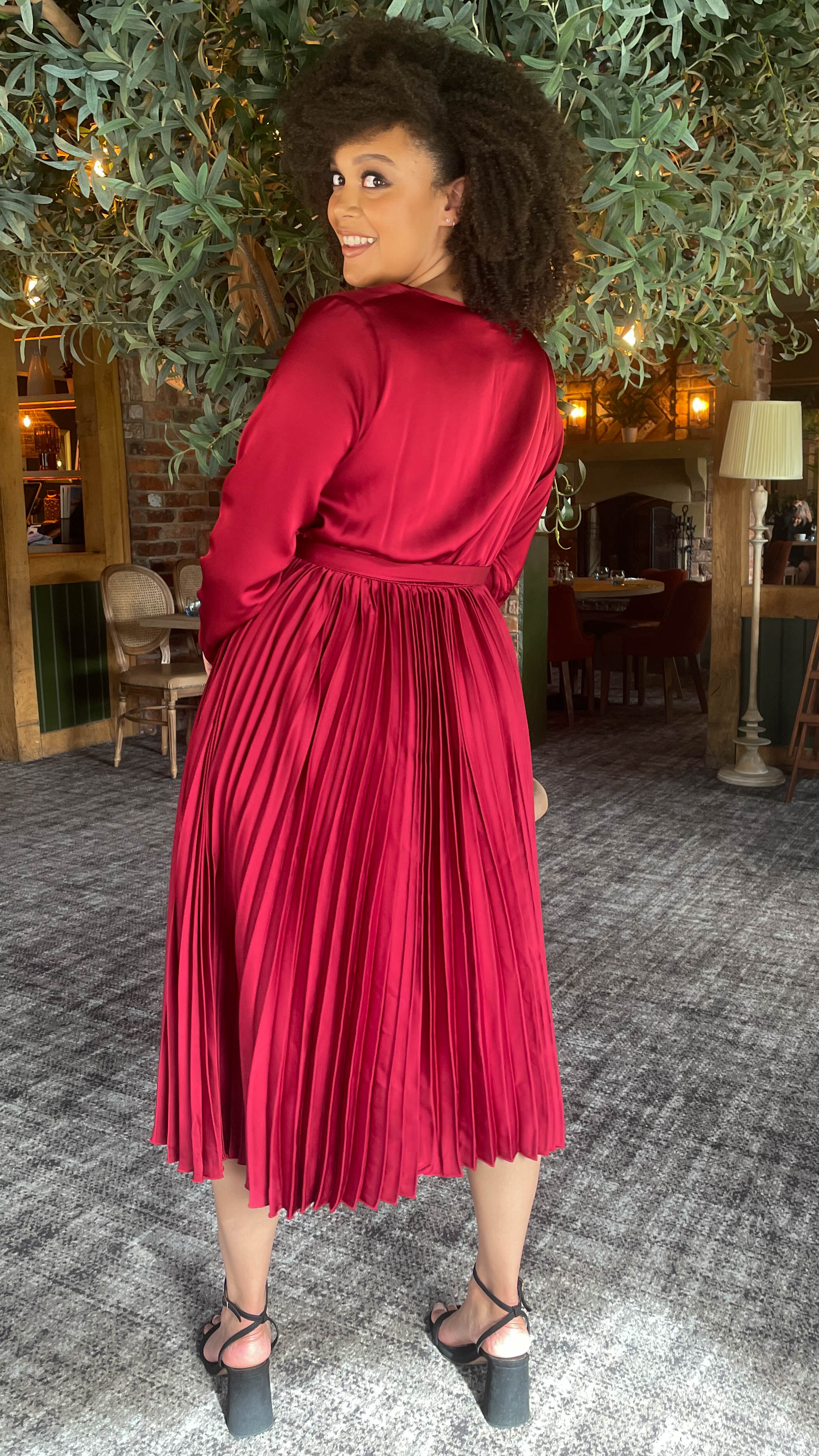 CurveWow Long Sleeve Pleated Wrap Dress Wine - Image 10