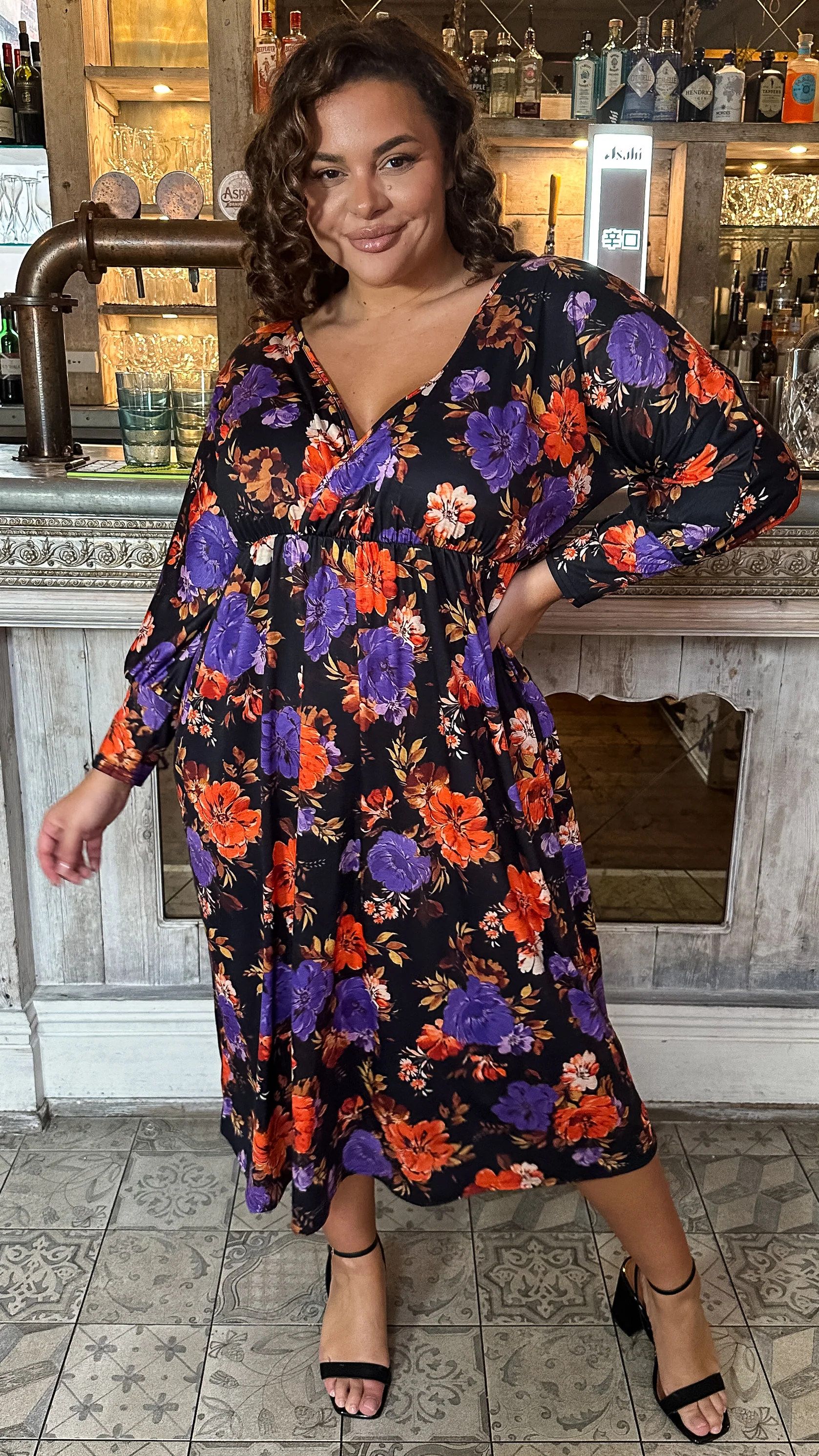 CurveWow Long Sleeve Tie Back Wrap Dress Black Floral