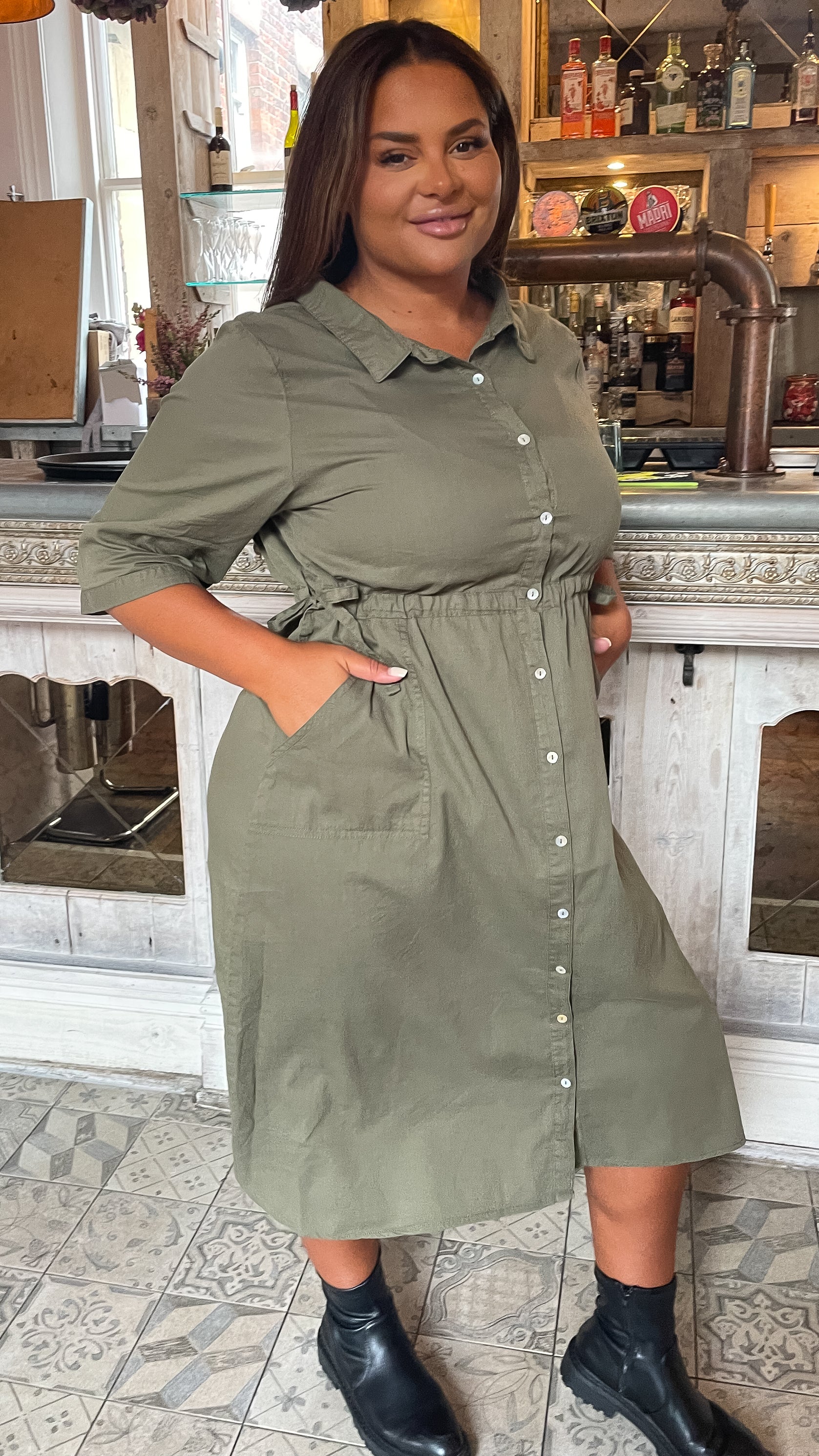 CurveWow Long Sleeve Tie Waisted Dress Khaki - Image 2