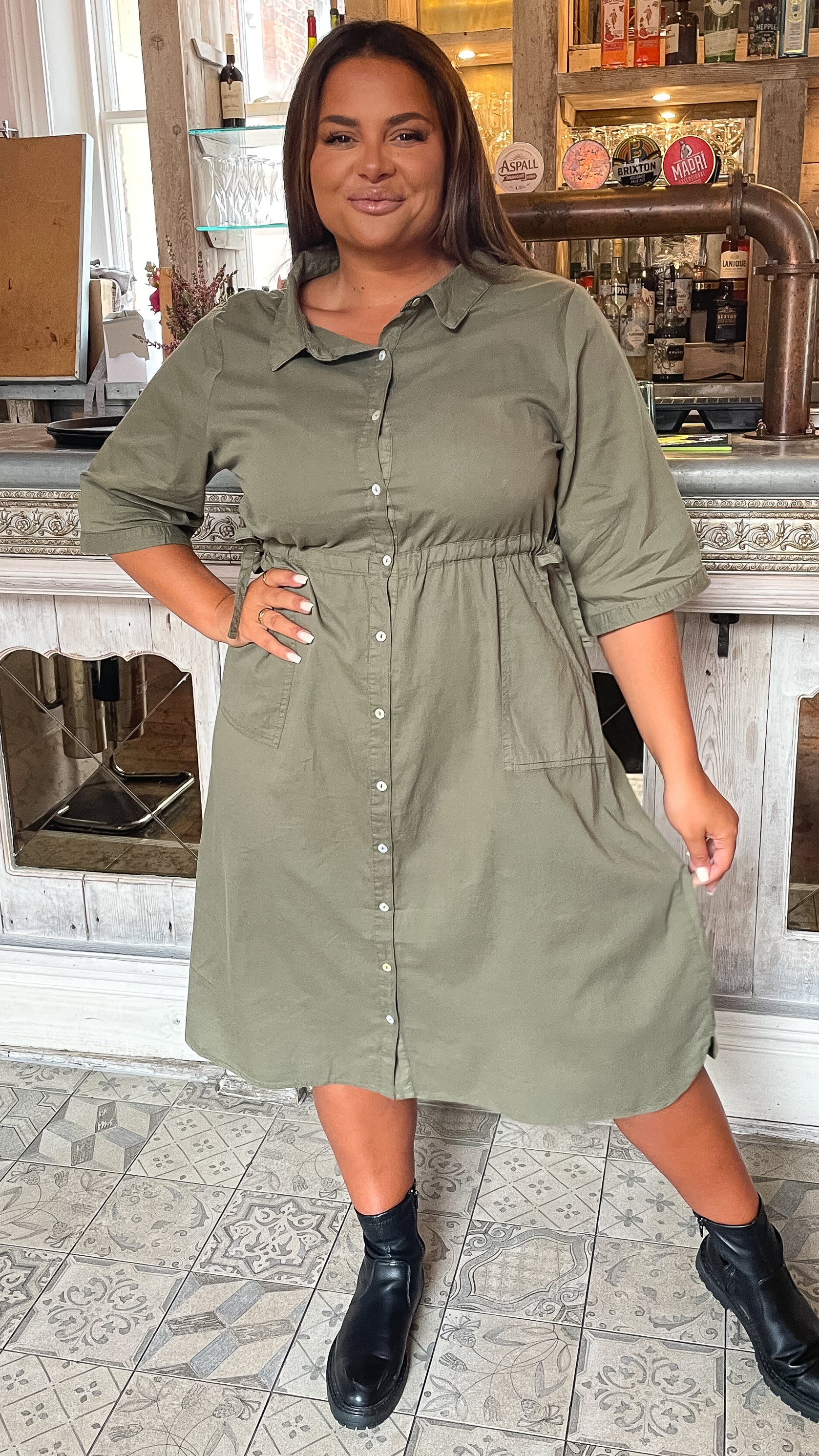 CurveWow Long Sleeve Tie Waisted Dress Khaki - Image 5