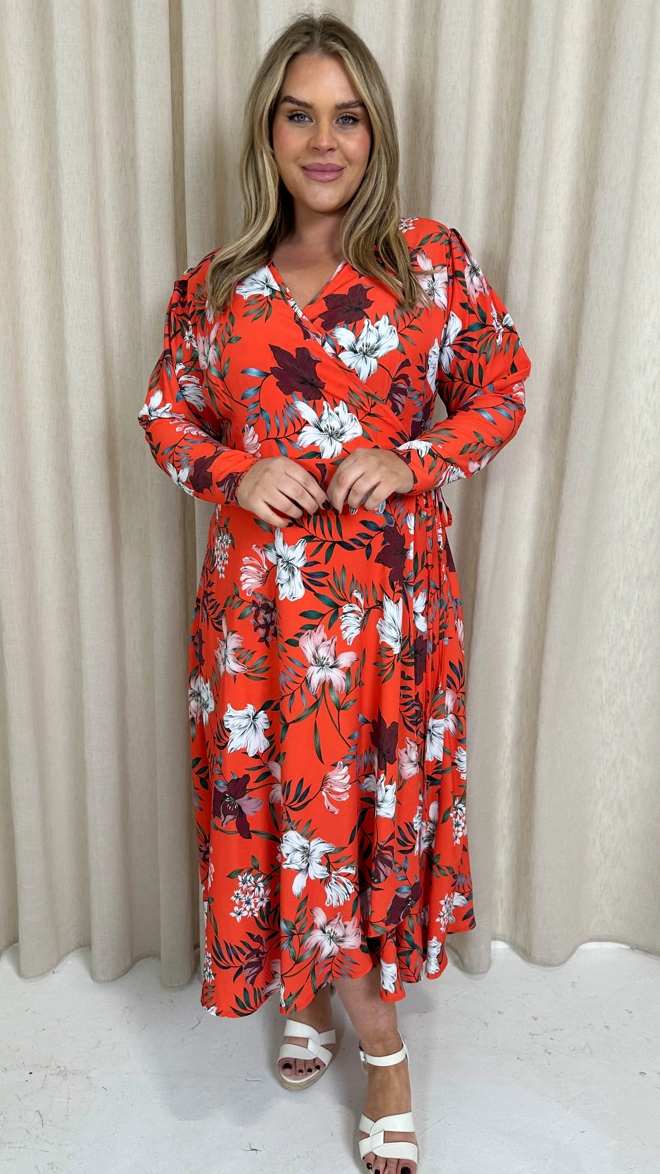 CurveWow Long Sleeve Wrap Dress Red Floral - Image 3