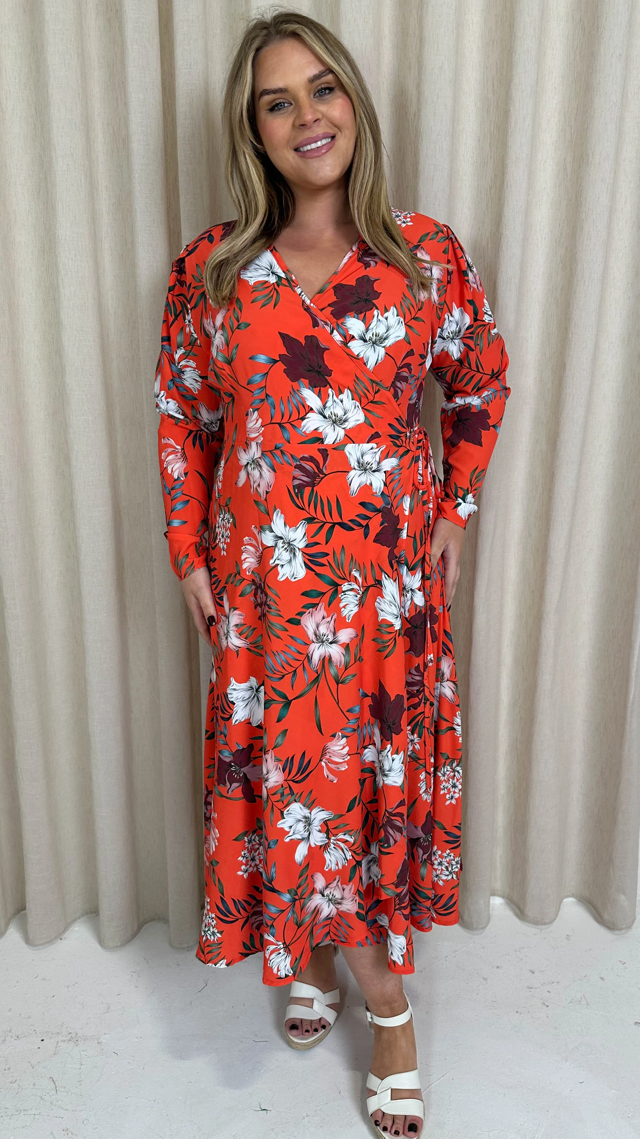 CurveWow Long Sleeve Wrap Dress Red Floral - Image 4