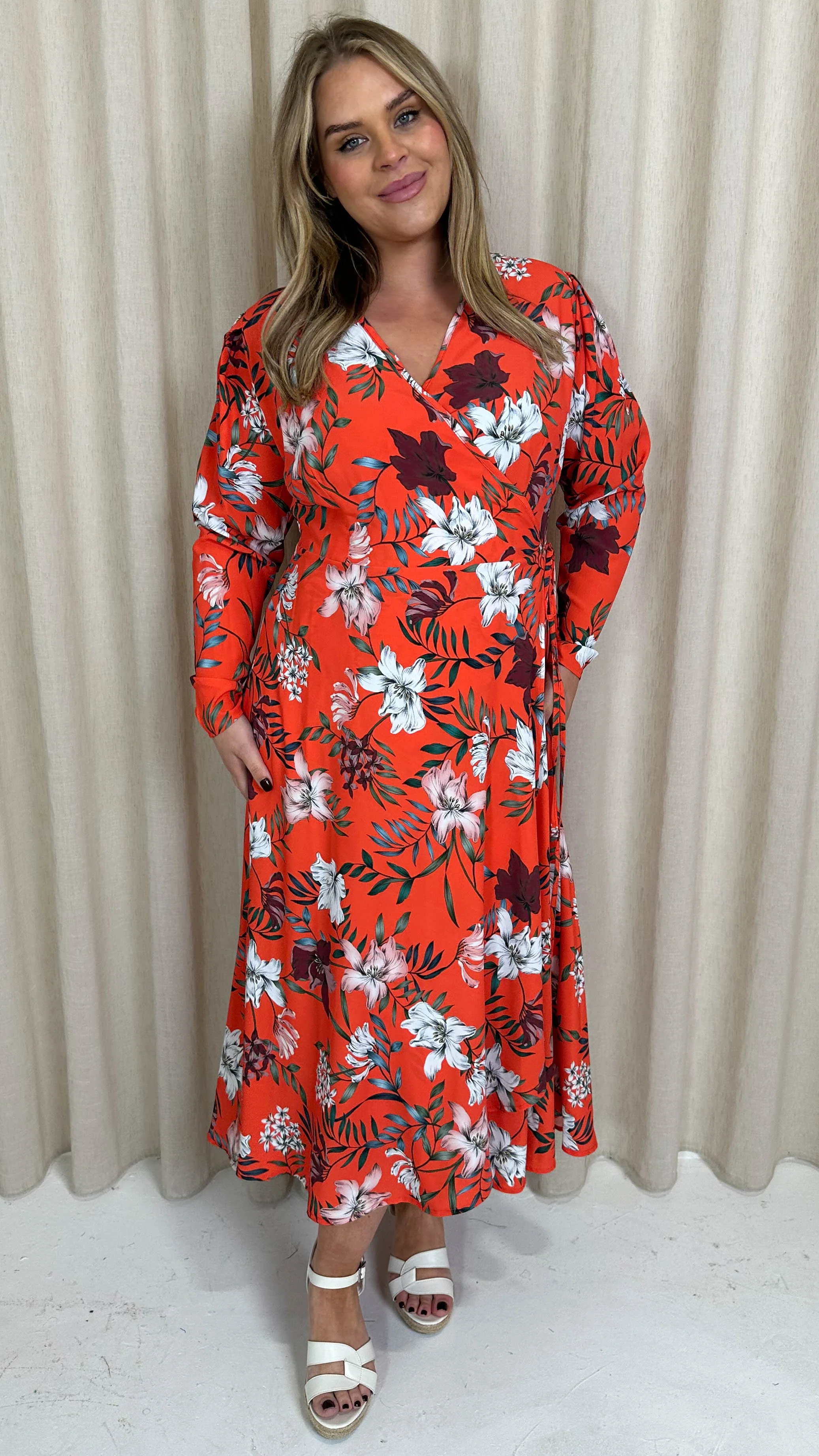 CurveWow Long Sleeve Wrap Dress Red Floral - Image 5