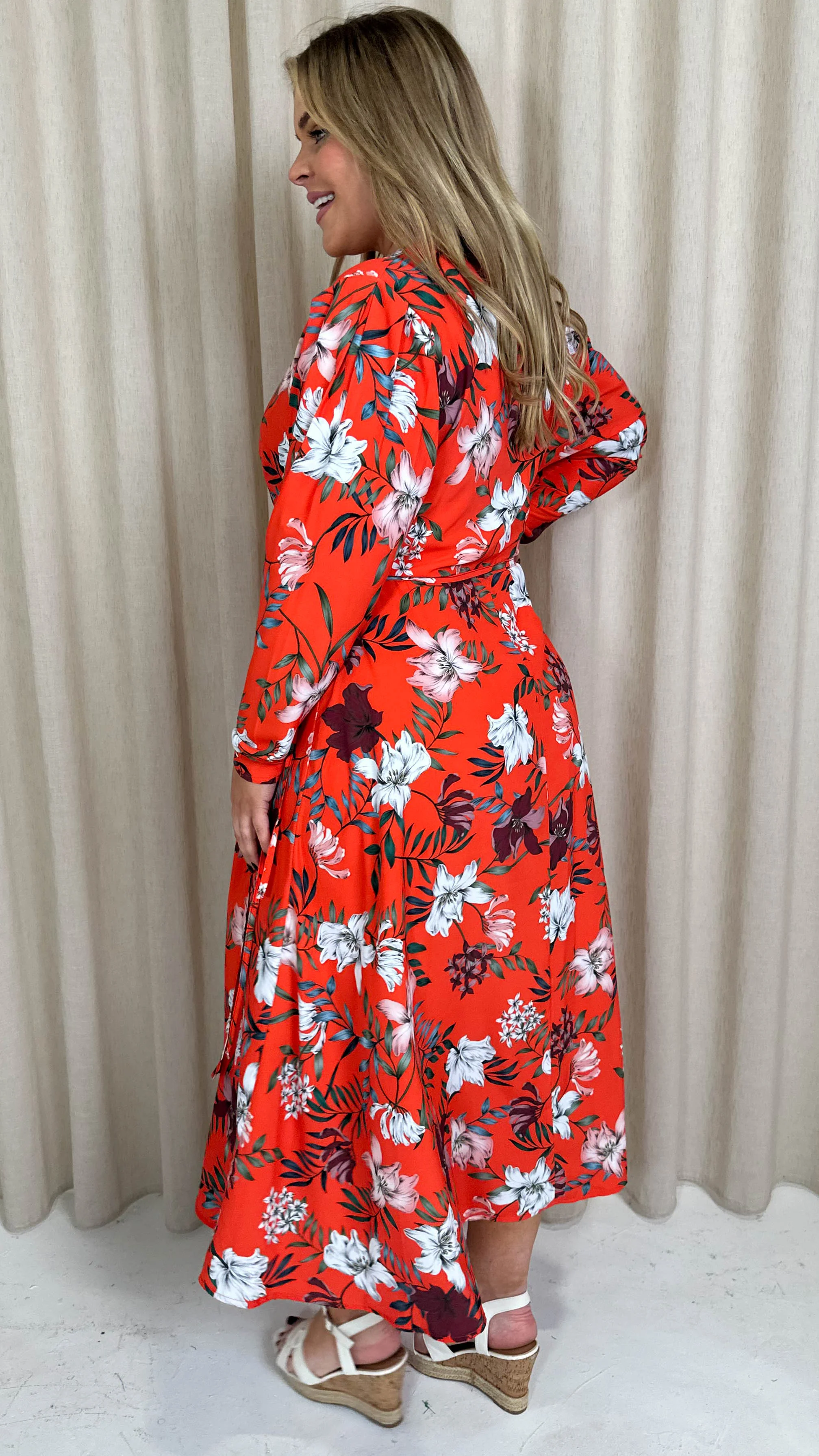 CurveWow Long Sleeve Wrap Dress Red Floral - Image 7