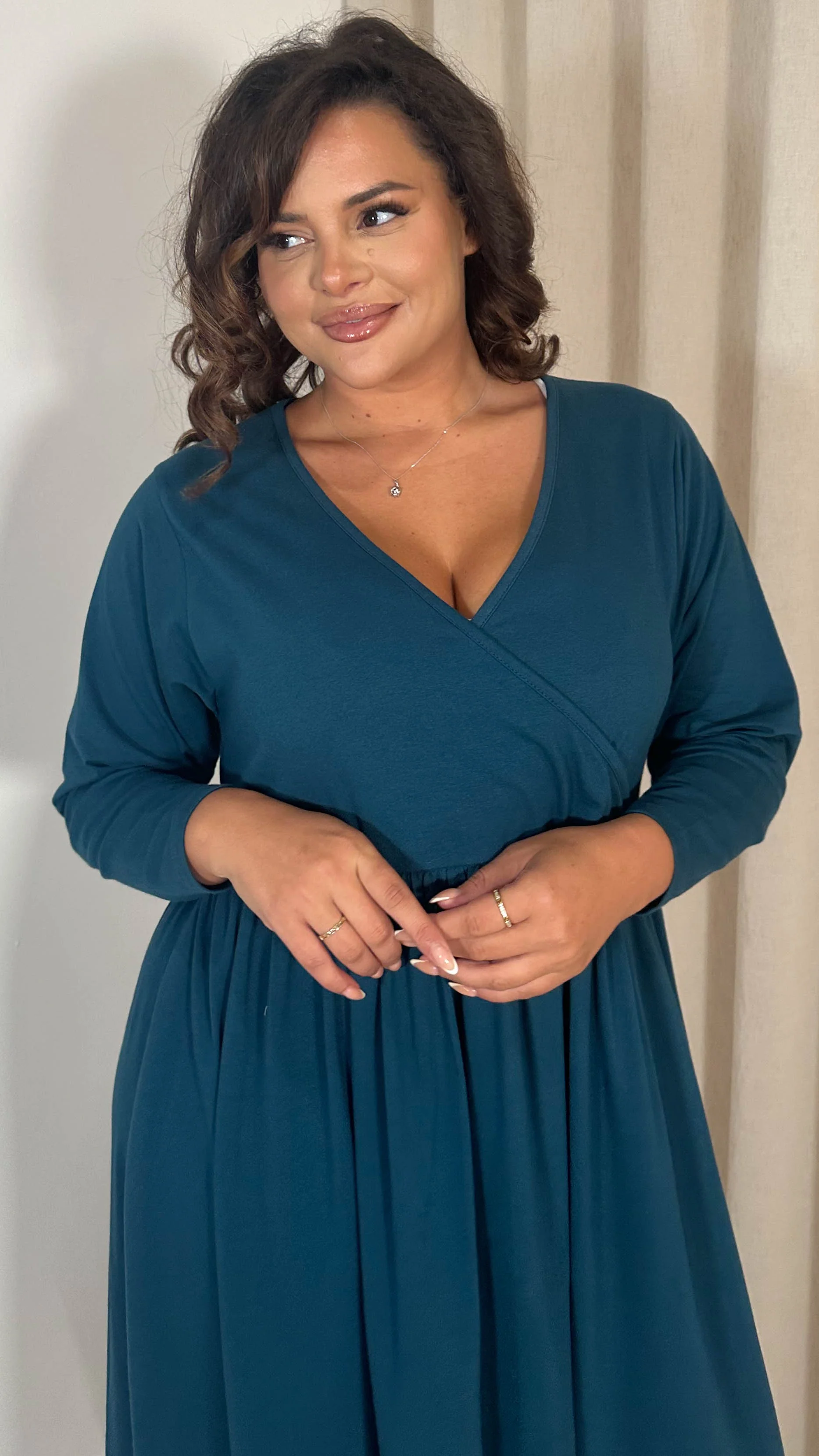 CurveWow Long Sleeve Wrap Midi Dress Teal - Image 2