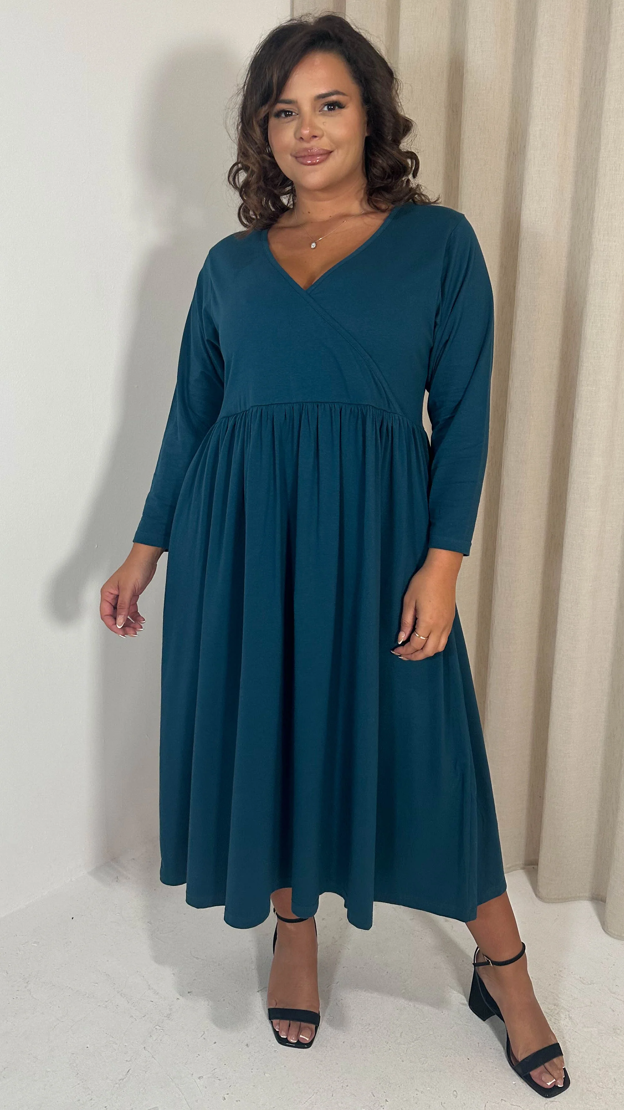 CurveWow Long Sleeve Wrap Midi Dress Teal - Image 5
