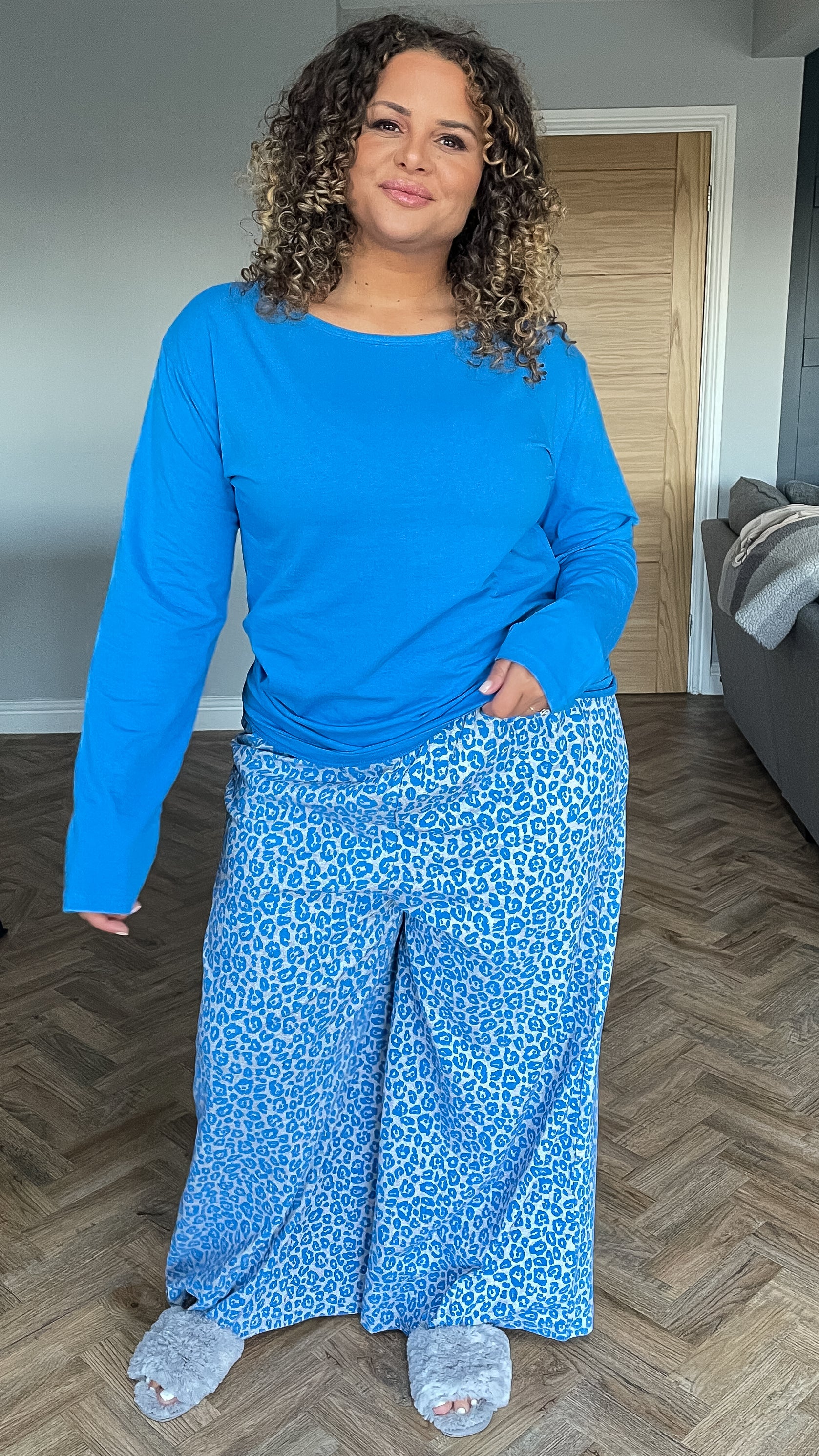 CurveWow Long Sleeved PJ Set With Blue Leopard Print Bottoms