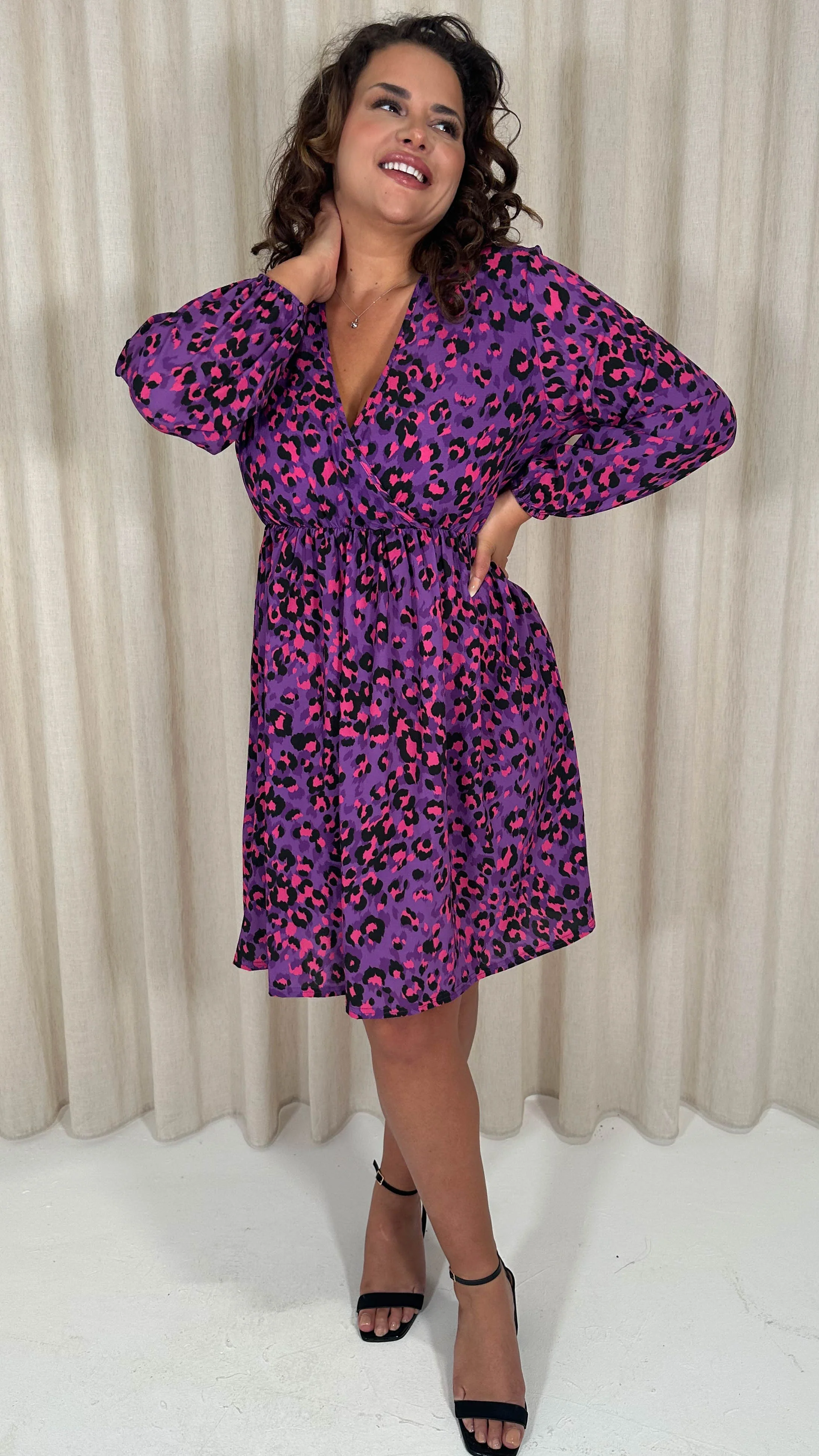 CurveWow Long Sleeve Wrap Mini Dress Purple Animal - Image 5
