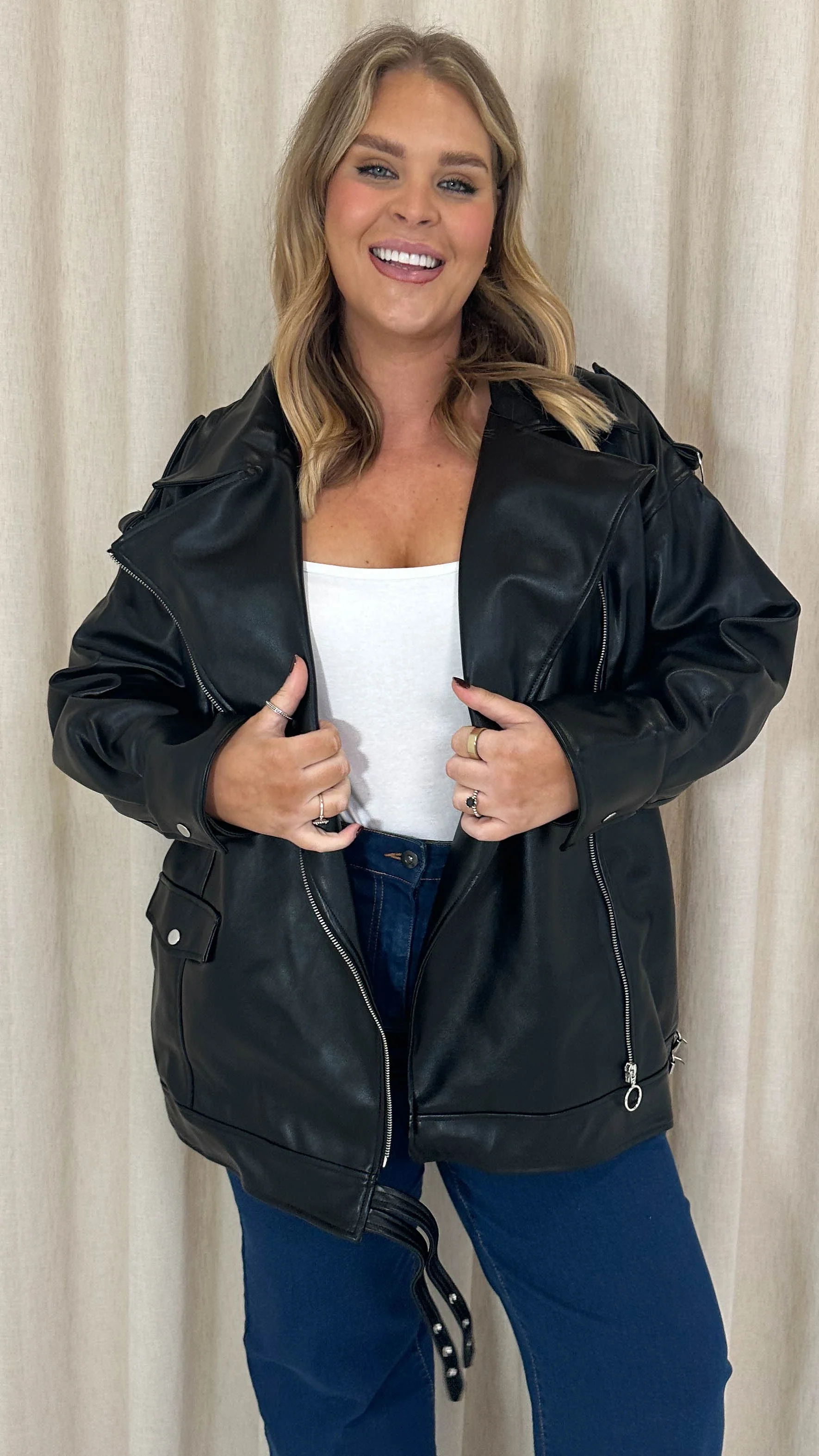 CurveWow Longline Biker Jacket Black - Image 2