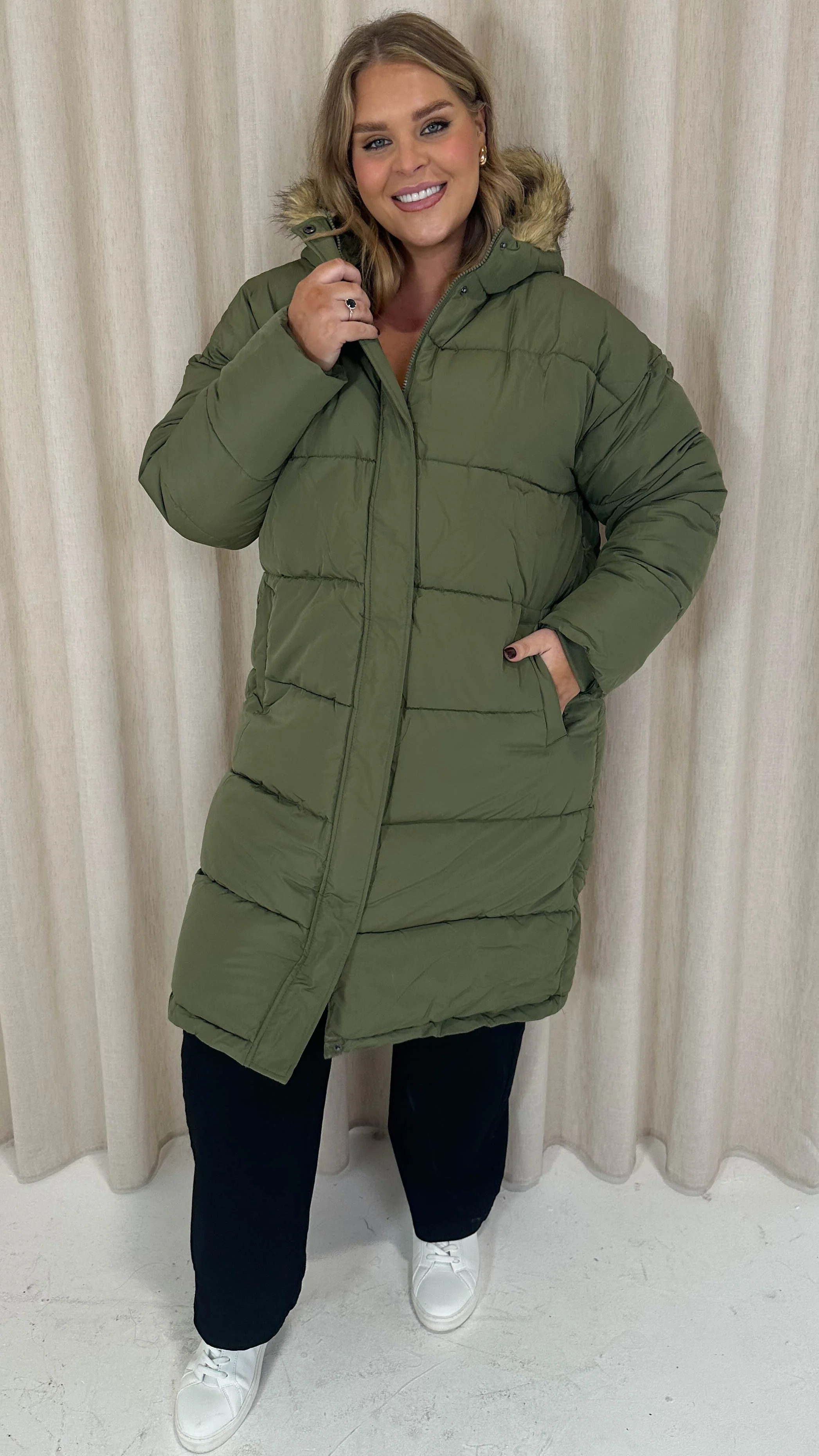 CurveWow Longline Faux Fur Hood Parka Coat Khaki - Image 3