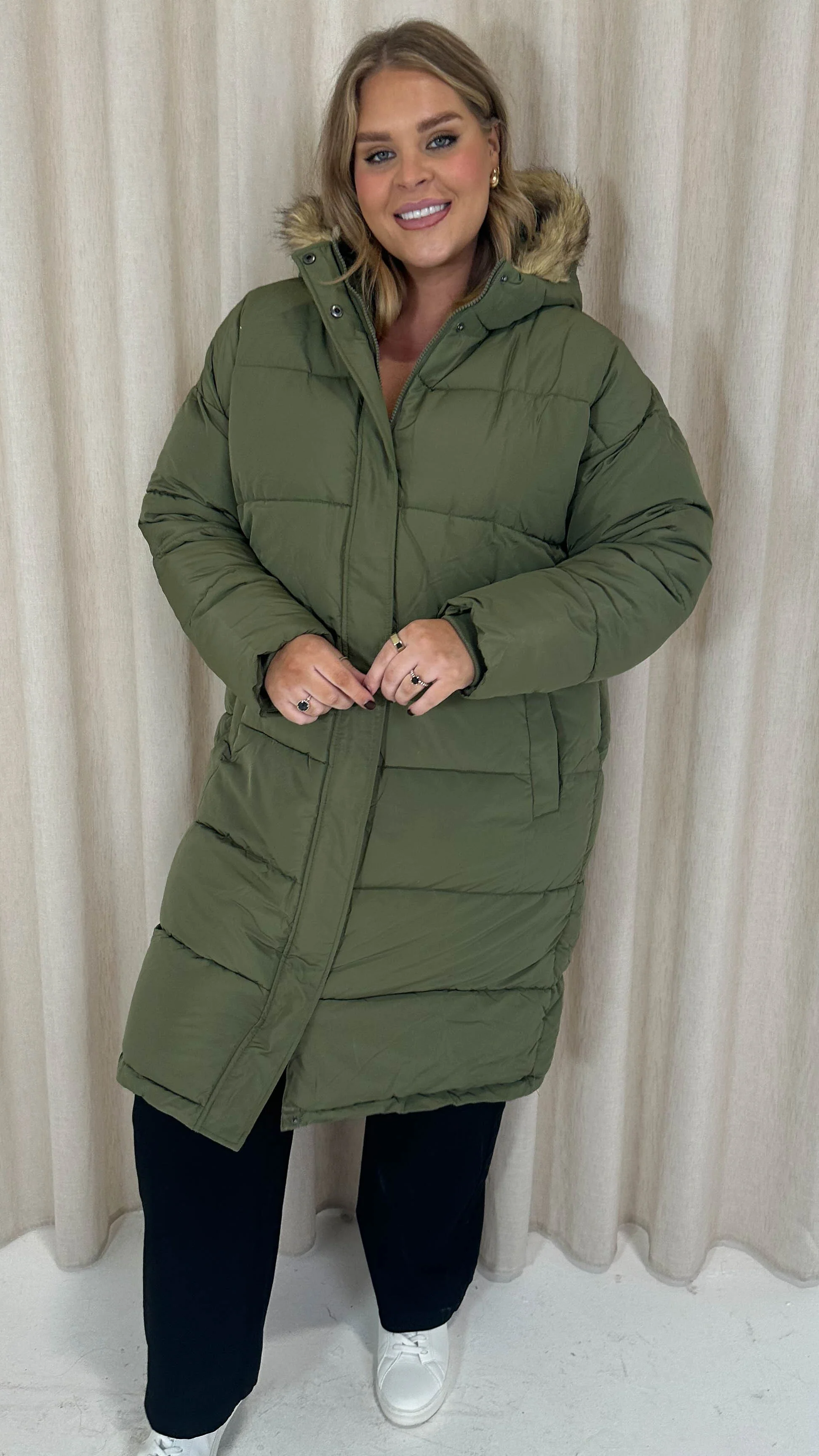CurveWow Longline Faux Fur Hood Parka Coat Khaki - Image 7