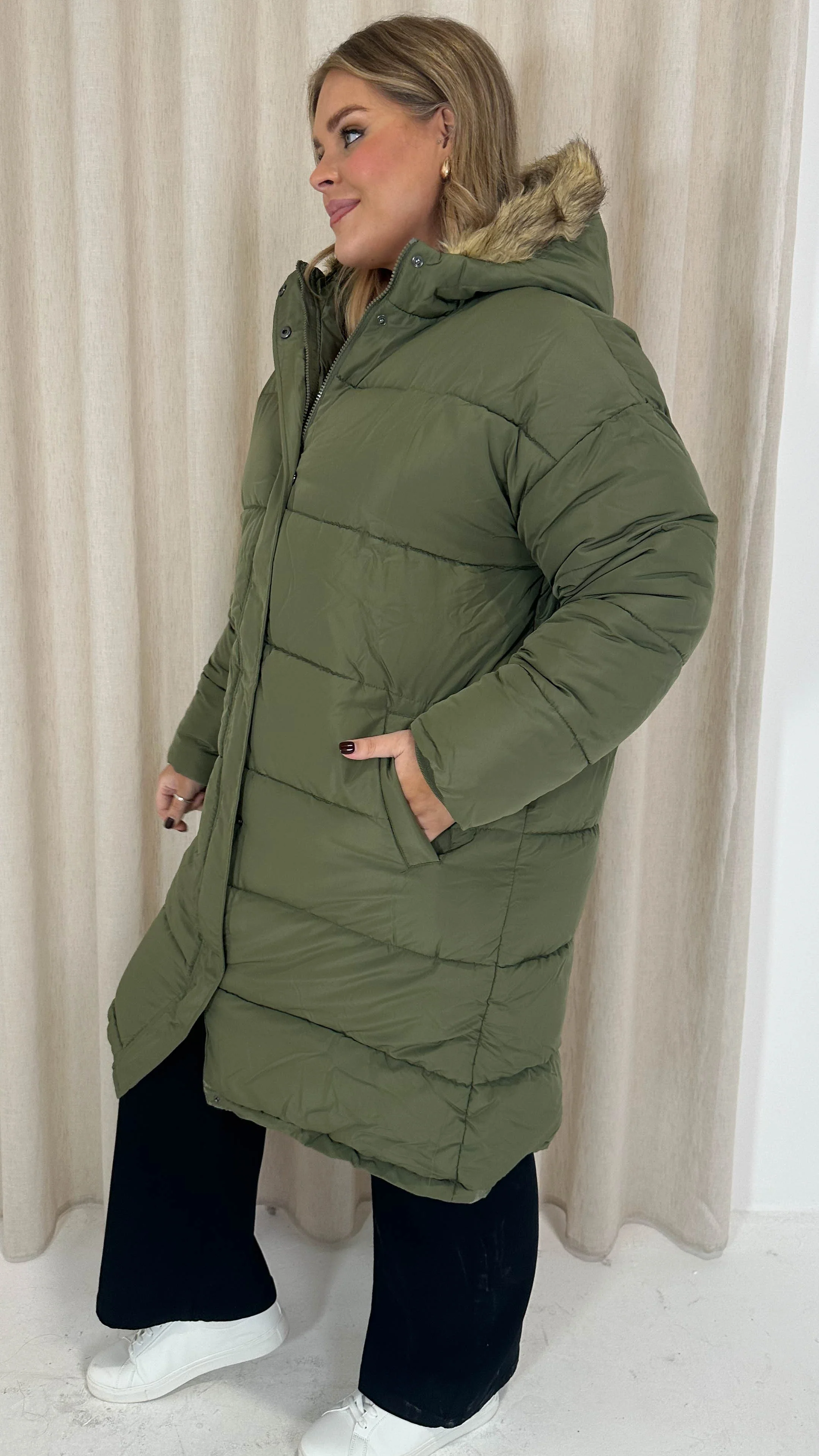 CurveWow Longline Faux Fur Hood Parka Coat Khaki - Image 8