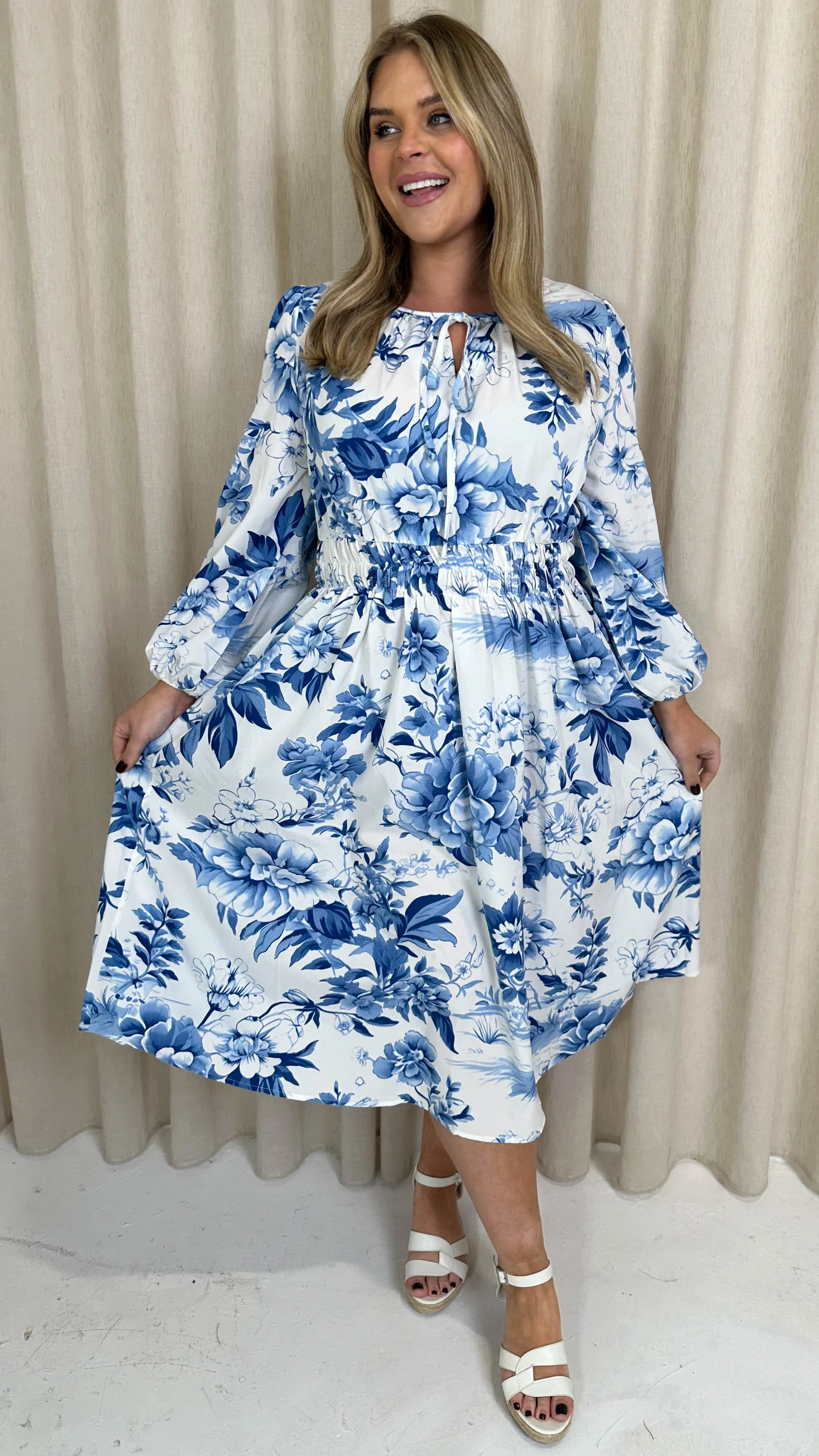 CurveWow LS Keyhole Front Dress White and Blue Floral - Image 3