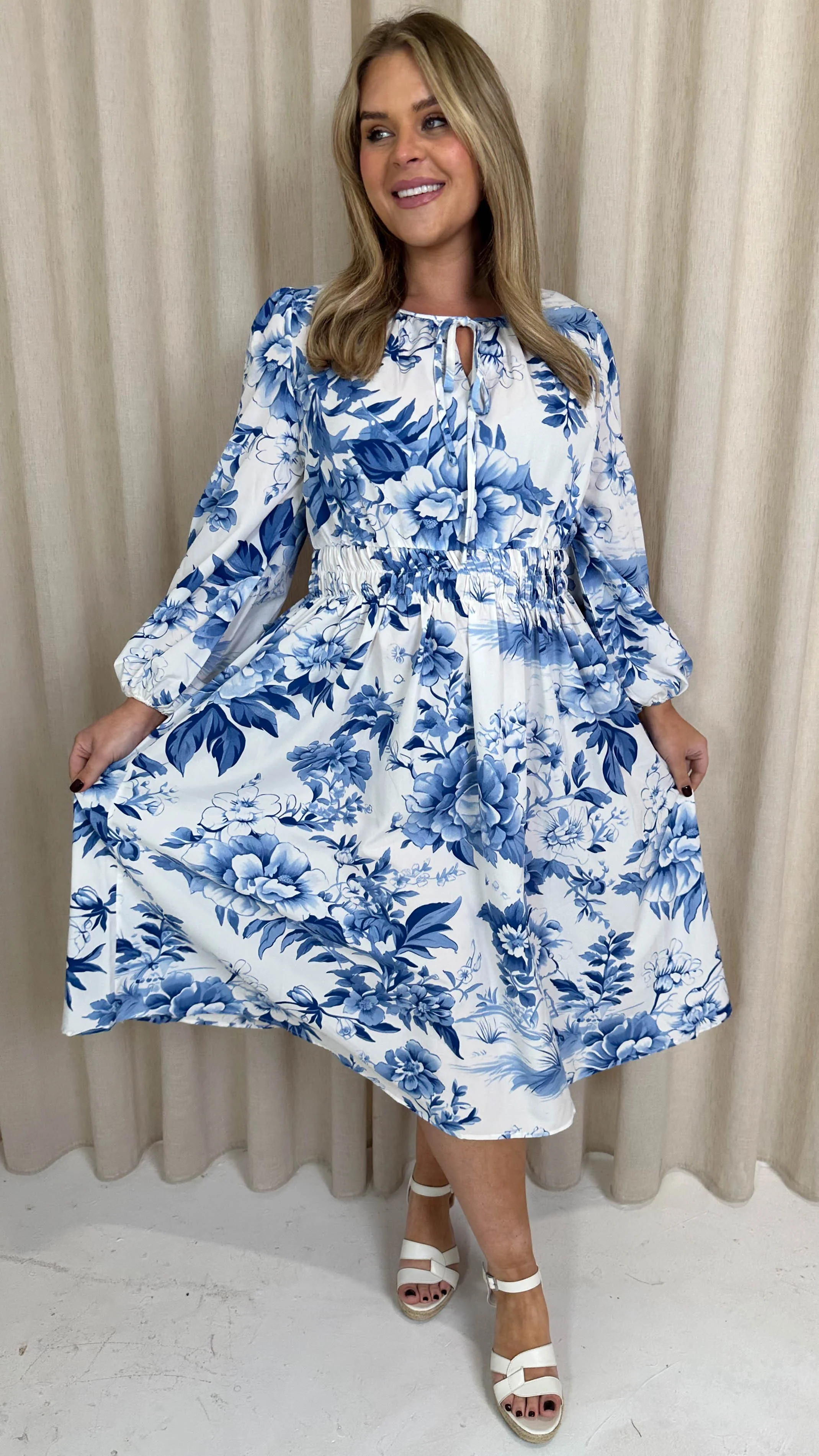 CurveWow LS Keyhole Front Dress White and Blue Floral - Image 7