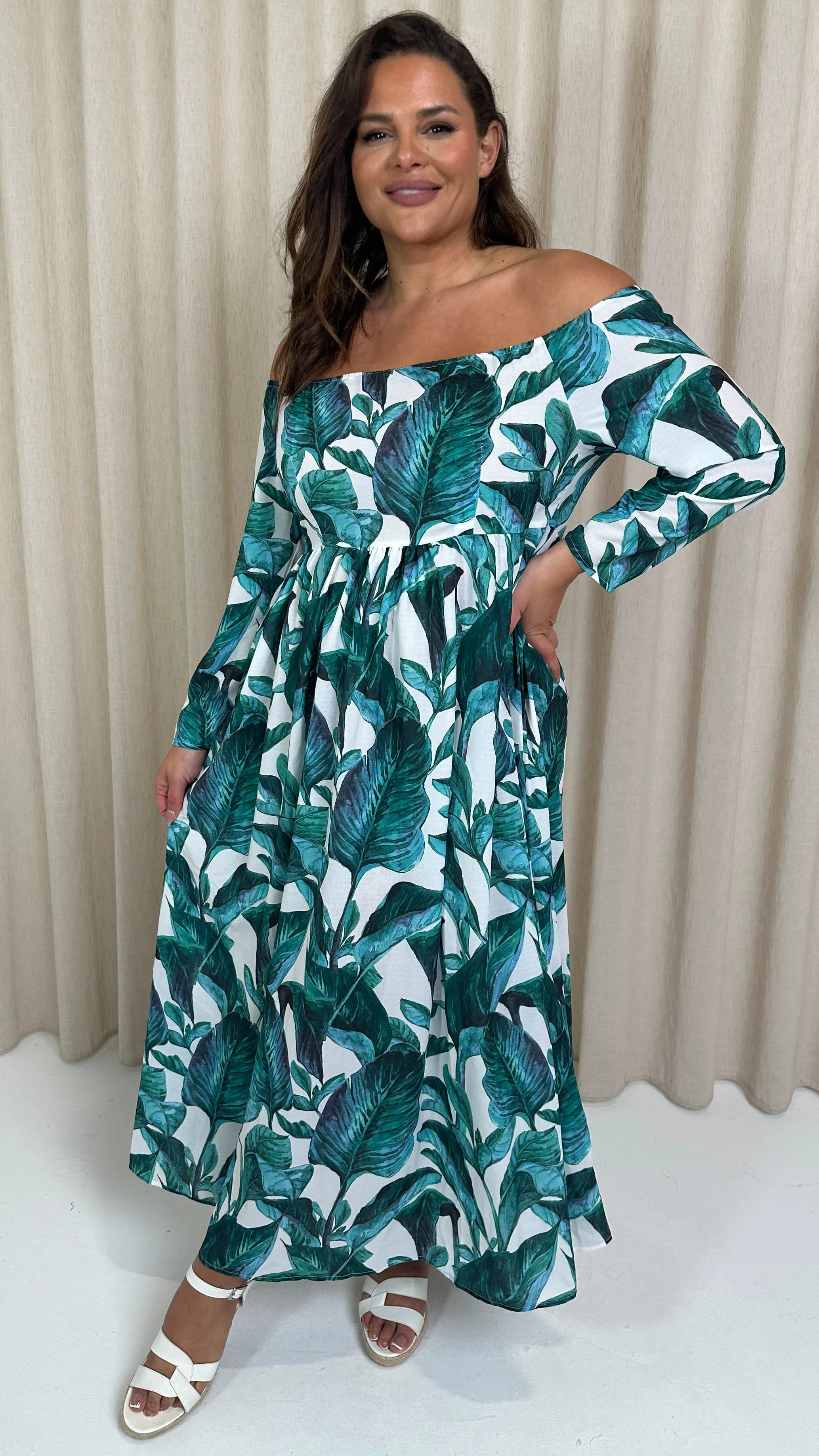 CurveWow Printed Bardot Maxi Dress Leaf Print - Image 7