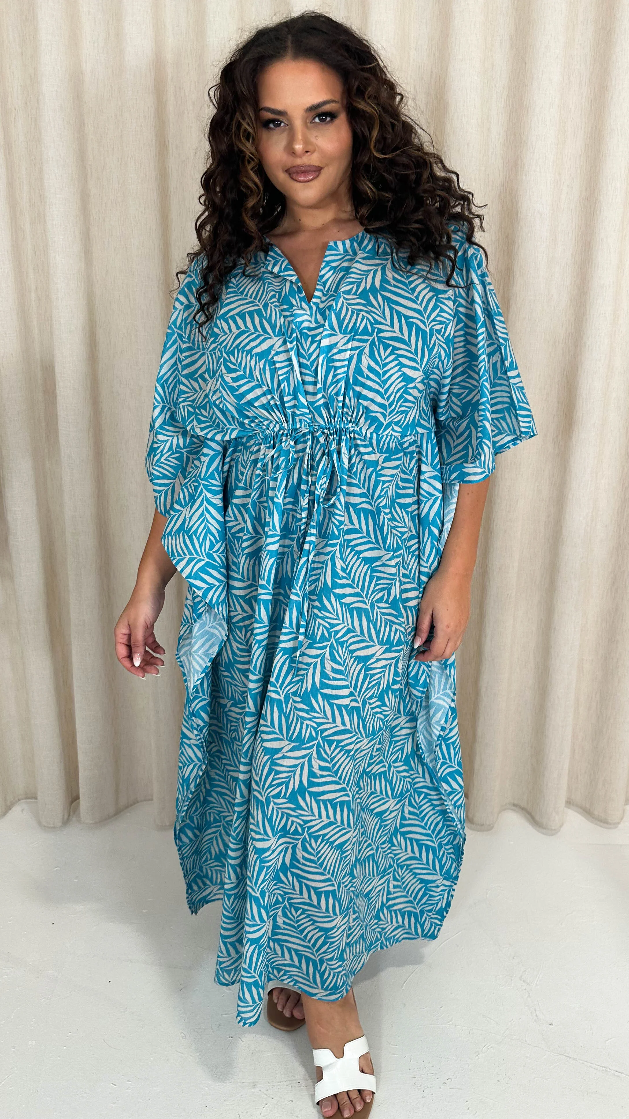 CurveWow Cotton Maxi Kaftan Blue Leaf - Image 3