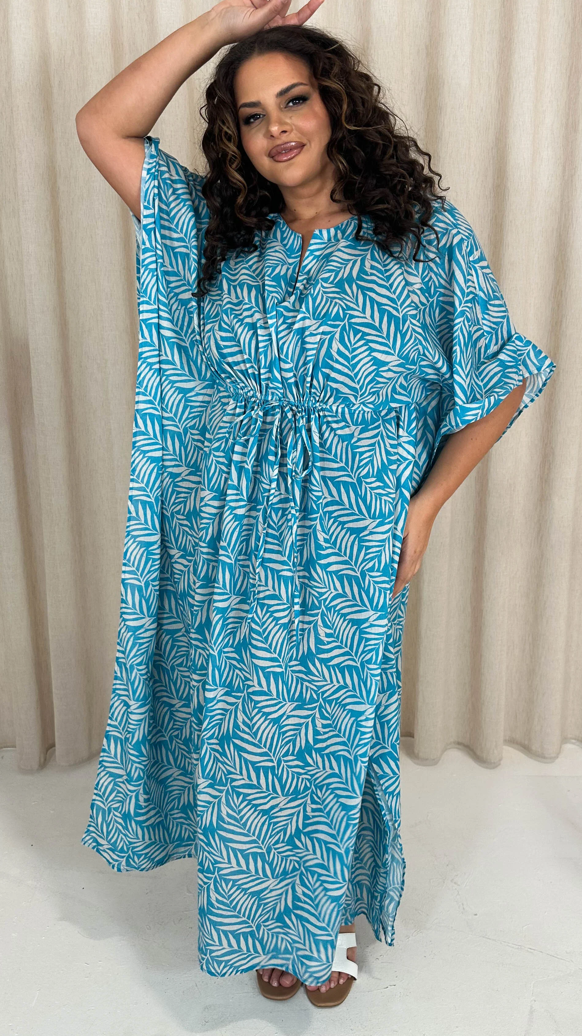 CurveWow Cotton Maxi Kaftan Blue Leaf - Image 4
