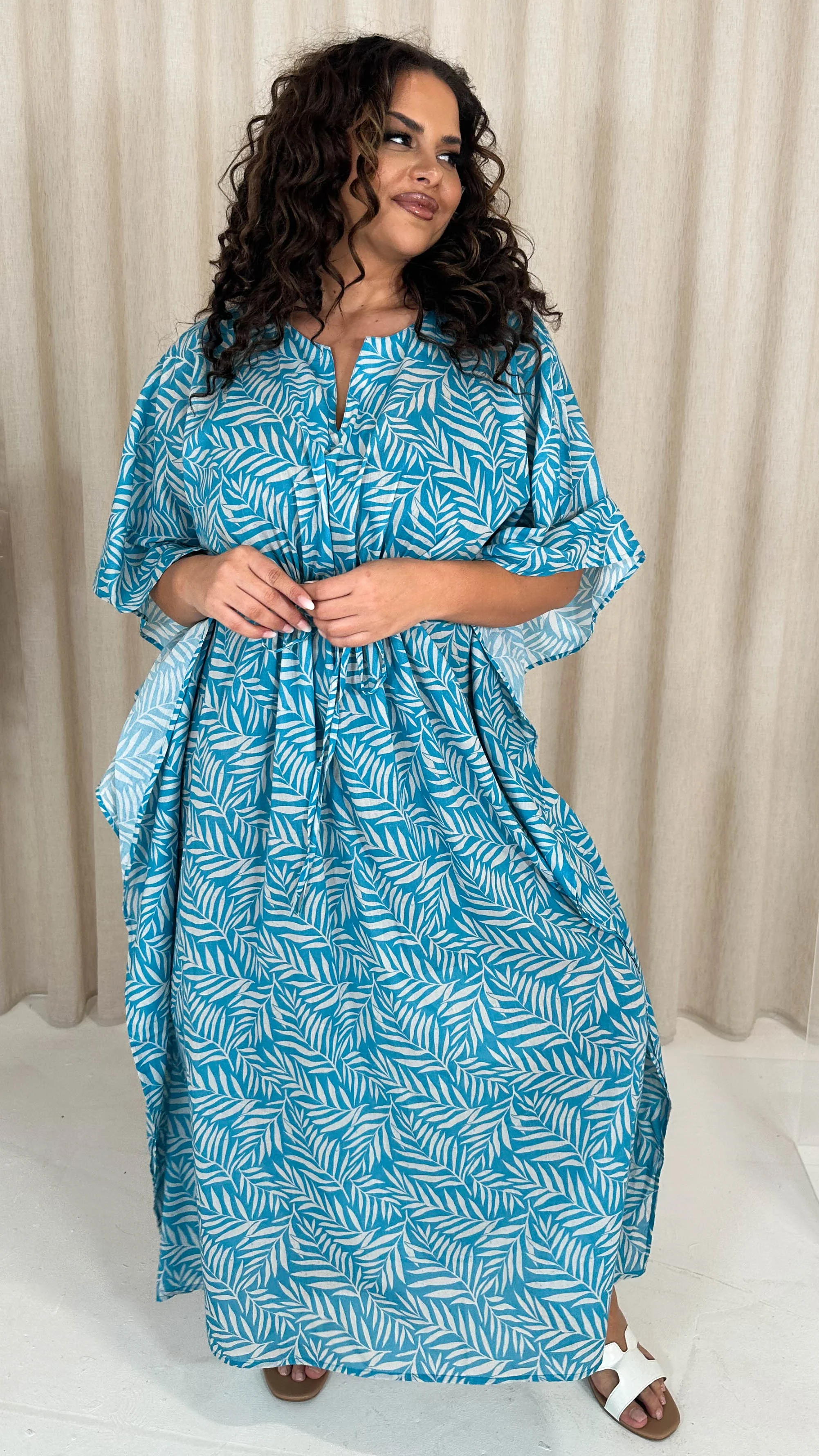 CurveWow Cotton Maxi Kaftan Blue Leaf - Image 6