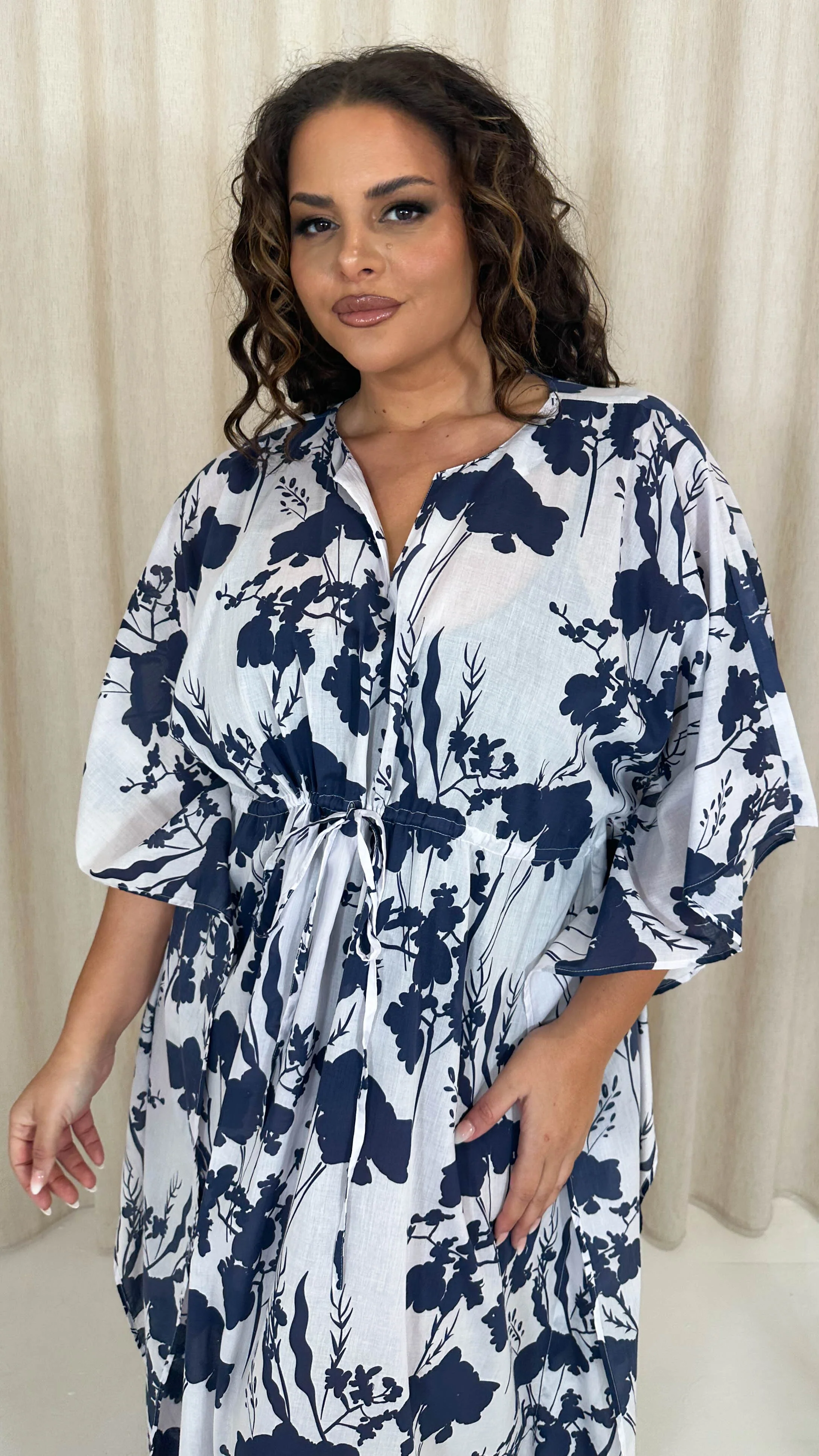 CurveWow Cotton Maxi Kaftan Navy Leaf - Image 2
