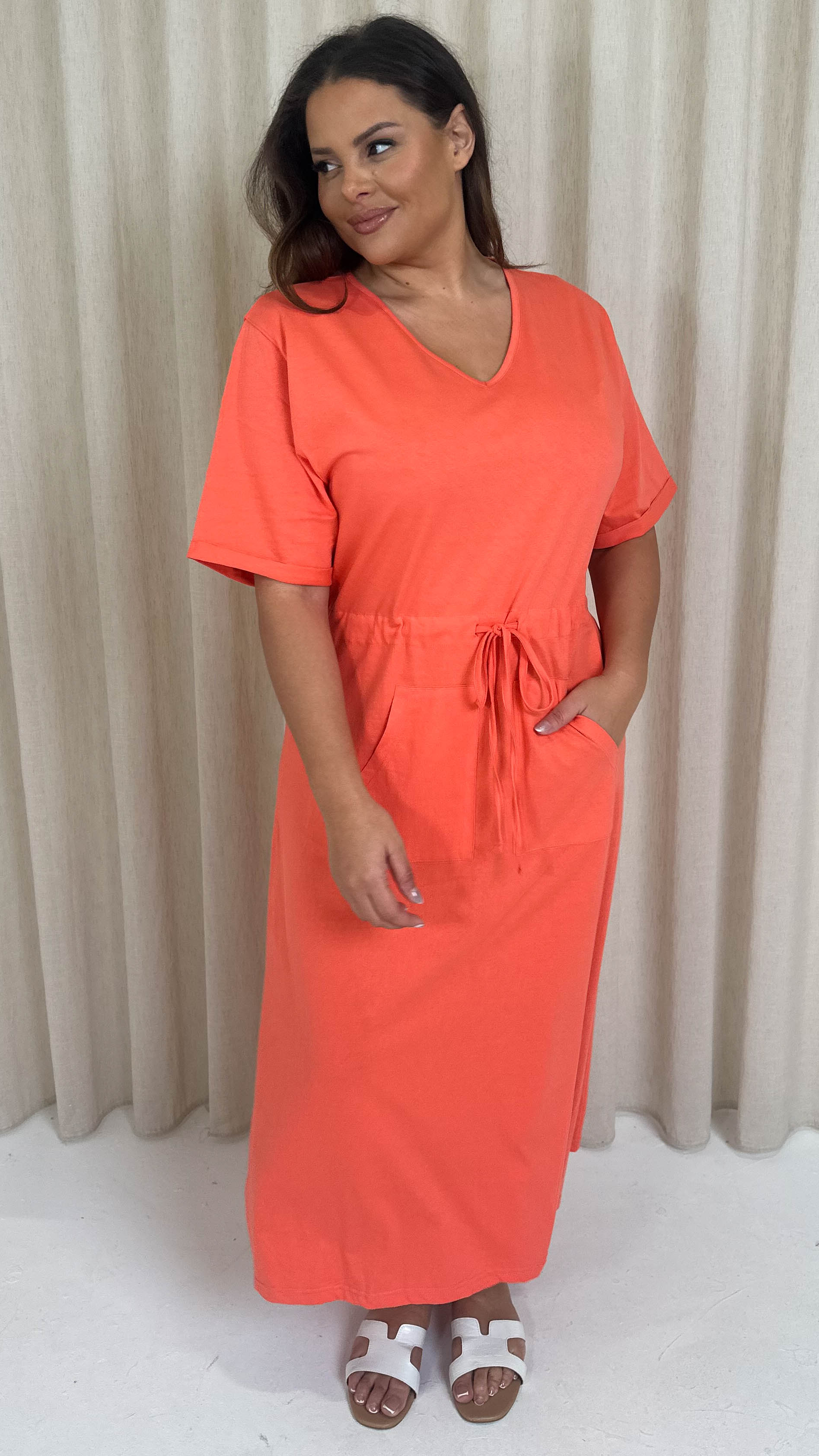 CurveWow Maxi T-Shirt Dress With Drawstring Hot Coral - Image 6