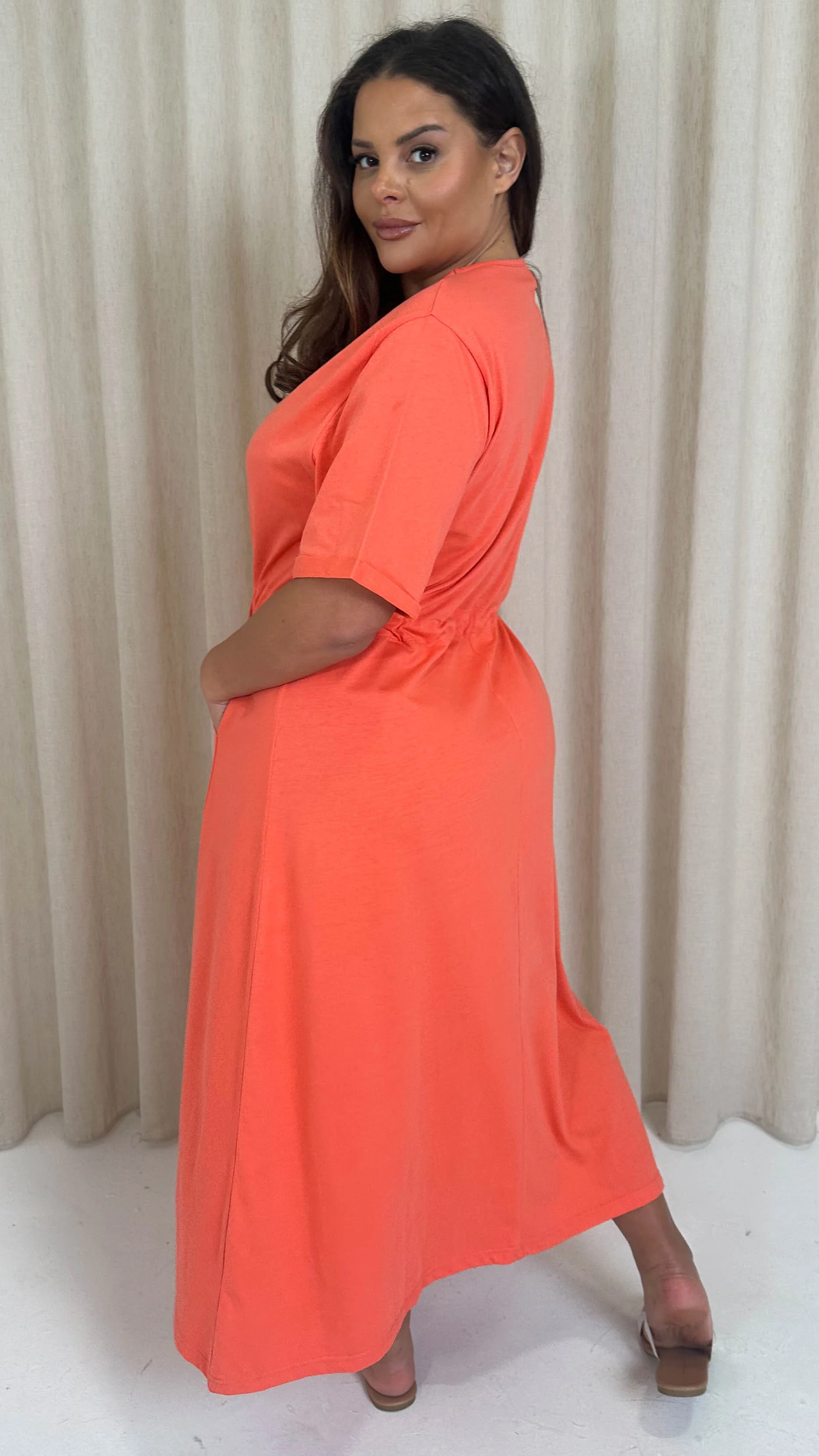 CurveWow Maxi T-Shirt Dress With Drawstring Hot Coral - Image 9