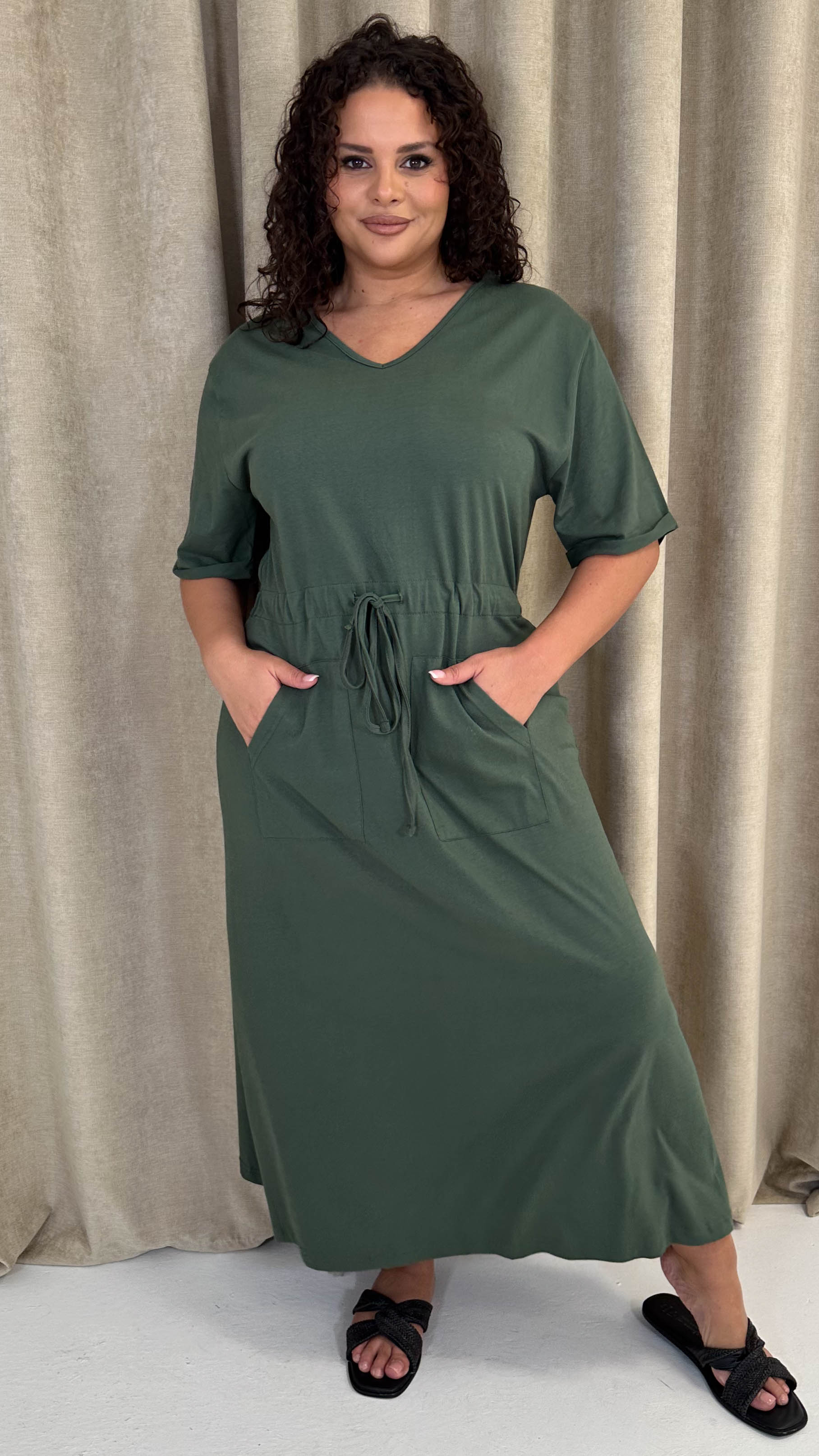 CurveWow Maxi T-Shirt Dress With Drawstring Khaki - Image 5