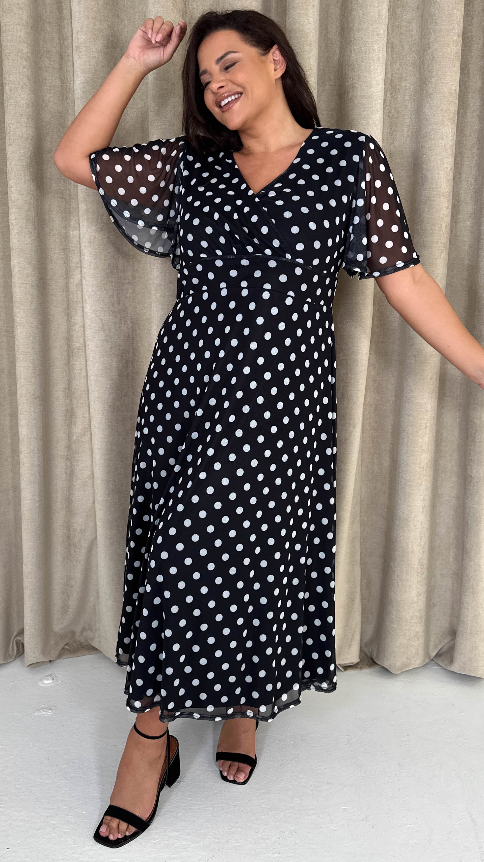 CurveWow Mesh Angel Sleeve Dress Black Polka Dot - Image 3