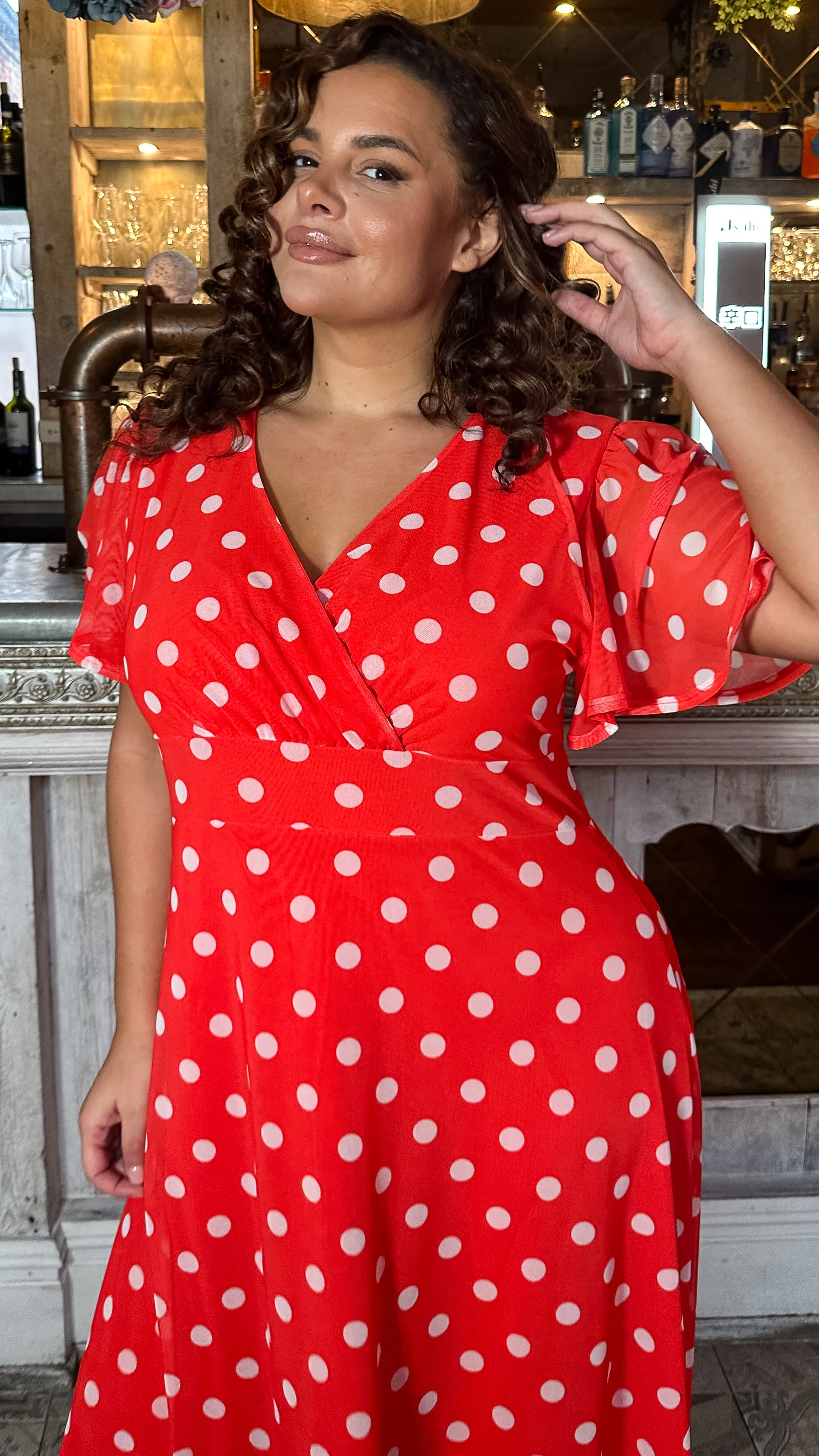 CurveWow Mesh Angel Sleeve Dress Bright Red Spot - Image 3