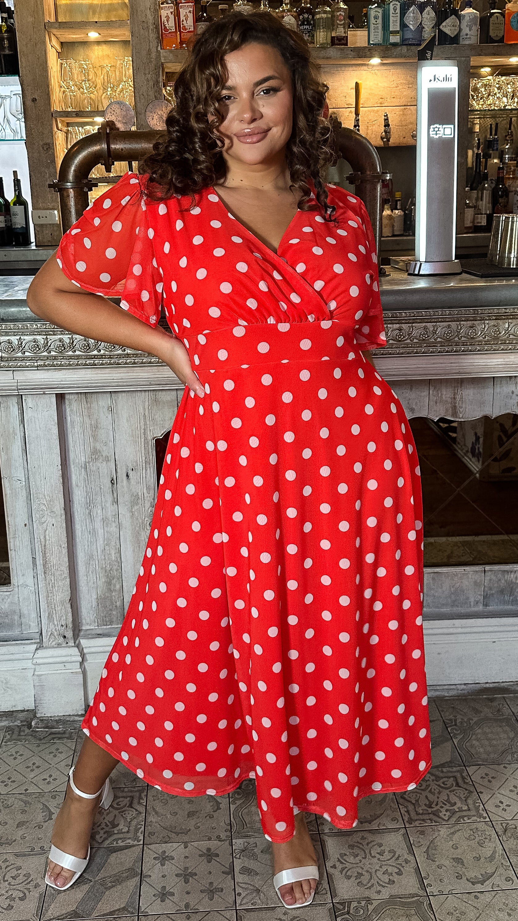 CurveWow Mesh Angel Sleeve Dress Bright Red Spot - Image 5