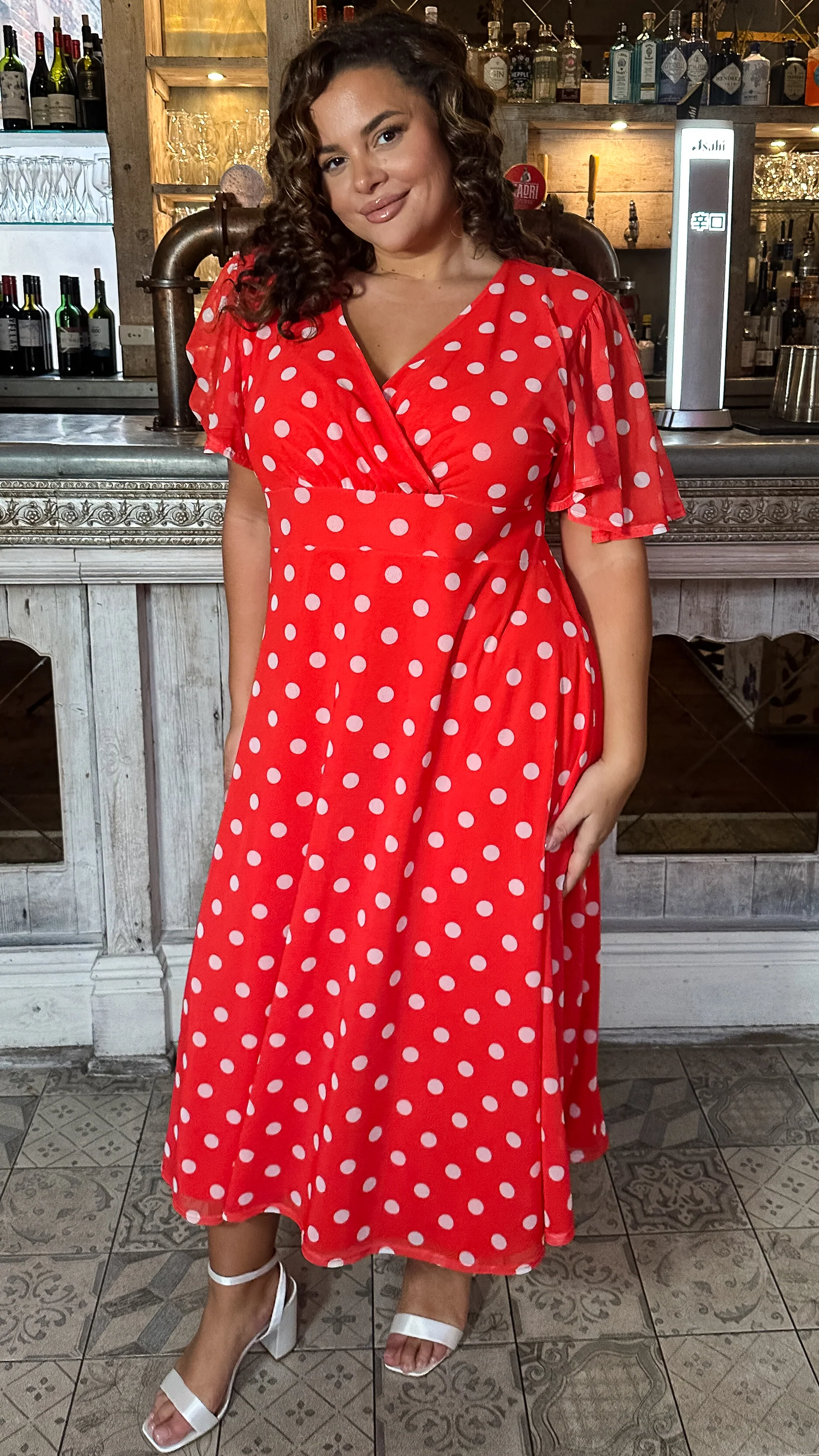 CurveWow Mesh Angel Sleeve Dress Bright Red Spot - Image 9