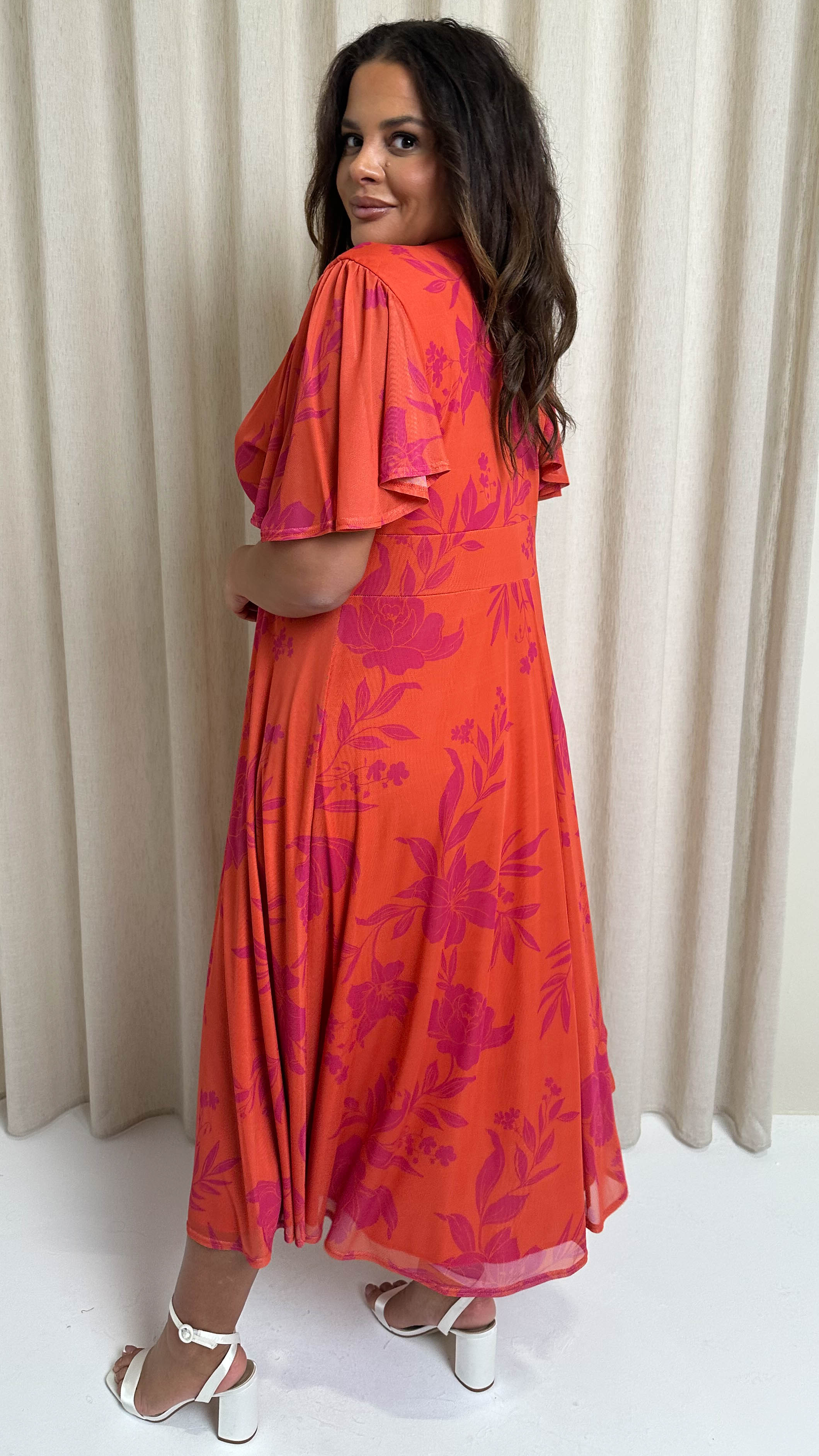 CurveWow Mesh Angel Sleeve Dress Coral Floral - Image 10