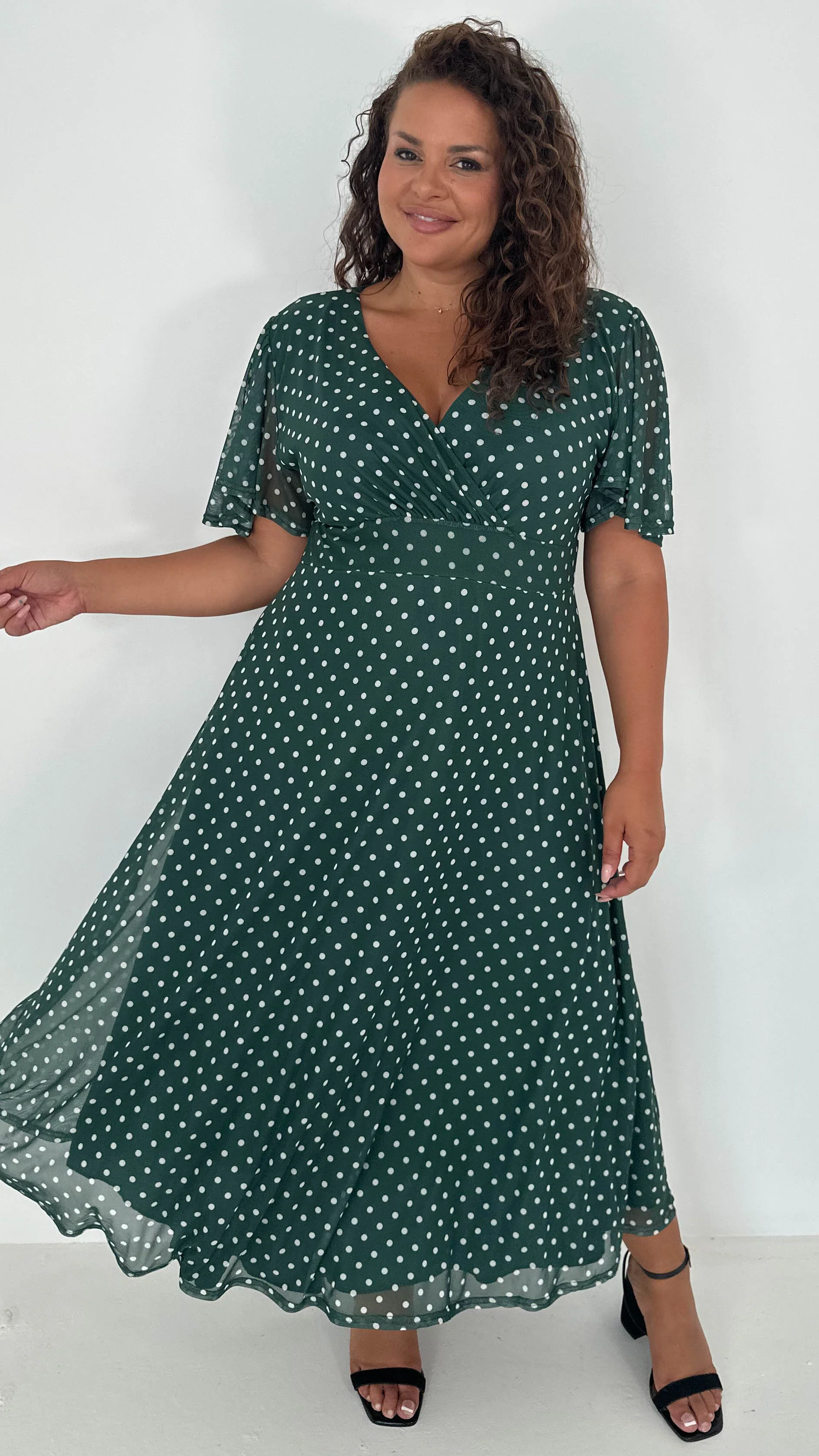 CurveWow Mesh Angel Sleeve Dress Green Spot - Image 5