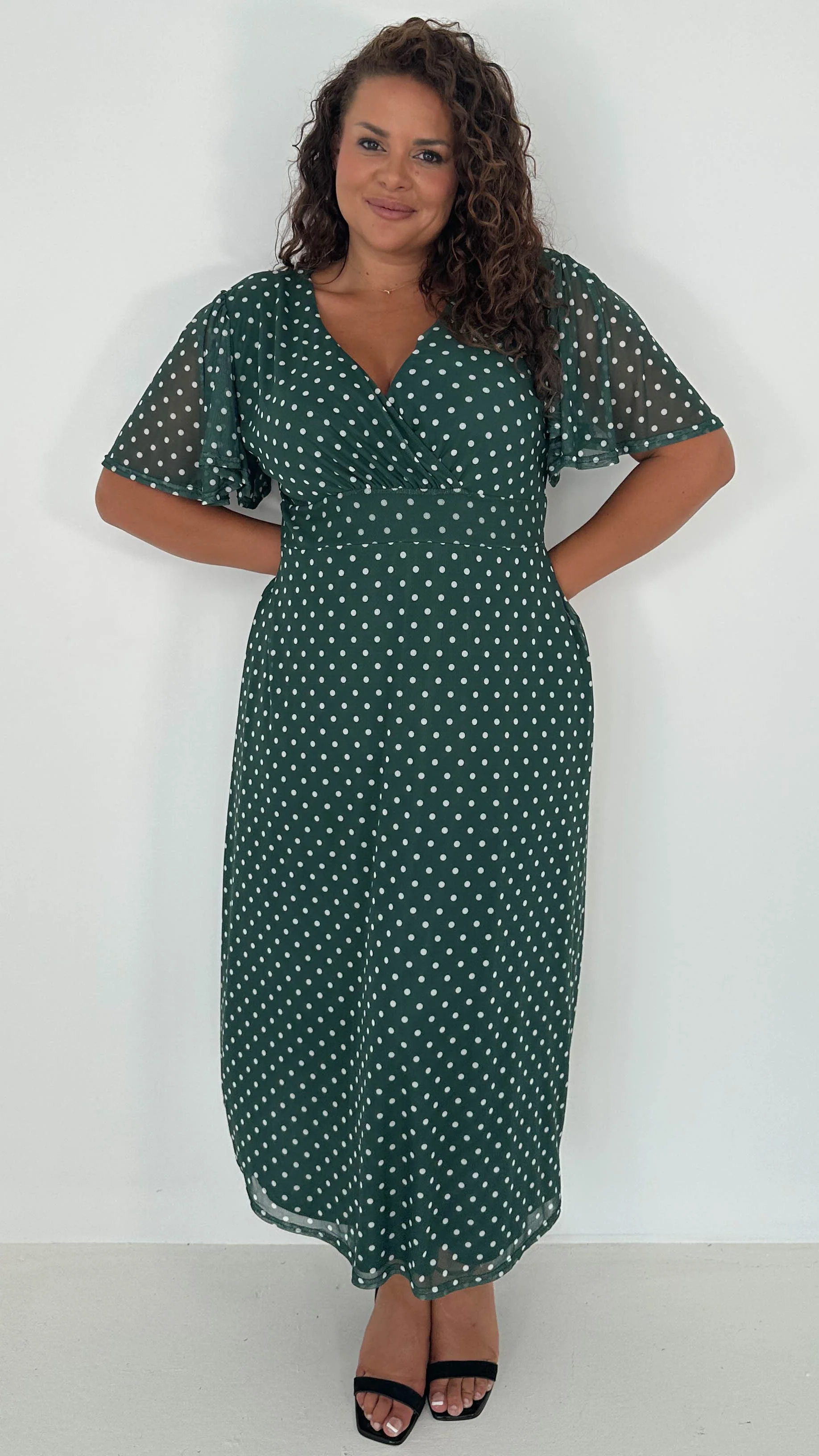 CurveWow Mesh Angel Sleeve Dress Green Spot - Image 7
