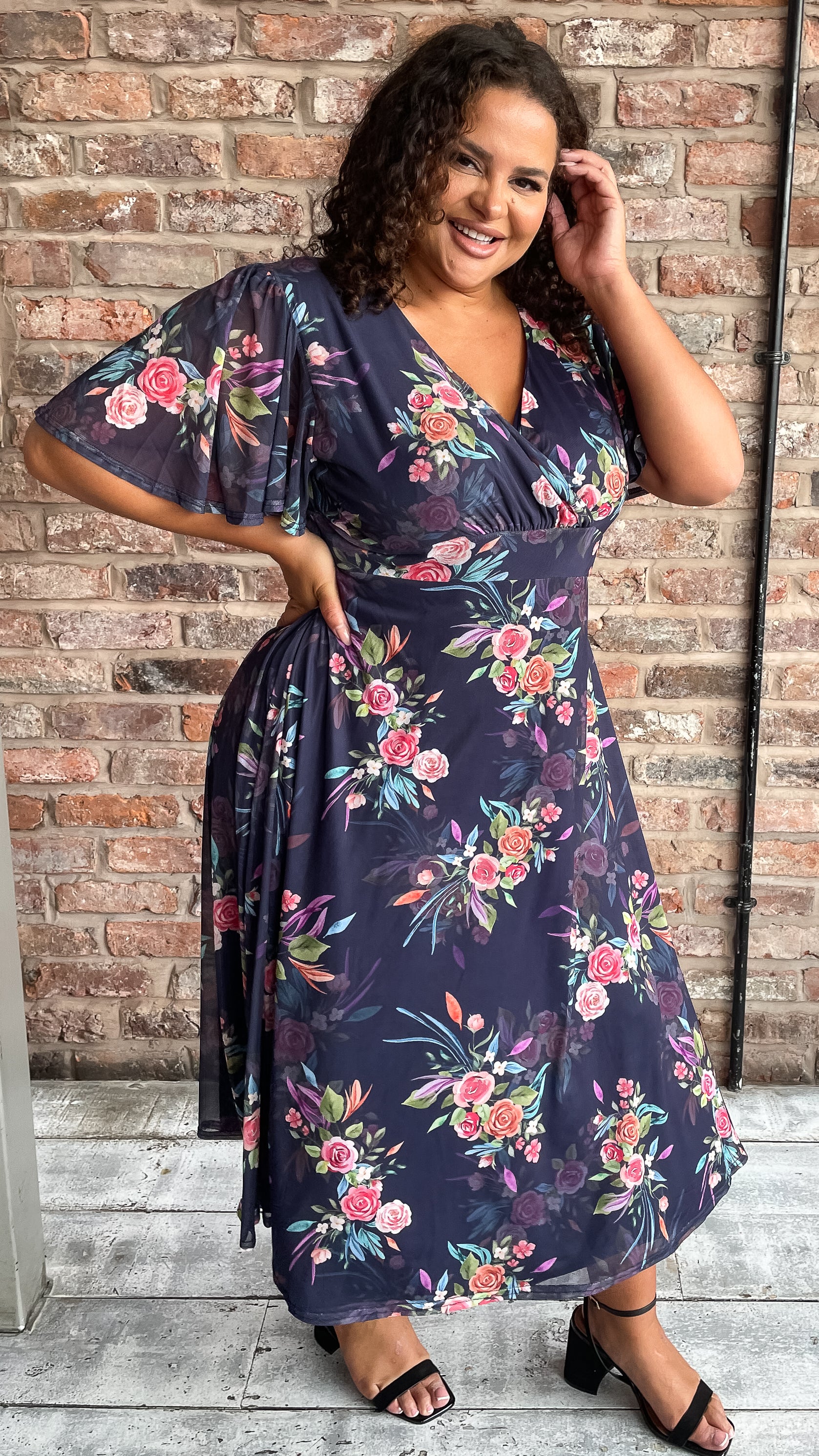 CurveWow Mesh Angel Sleeve Dress Navy Multi Floral - Image 4