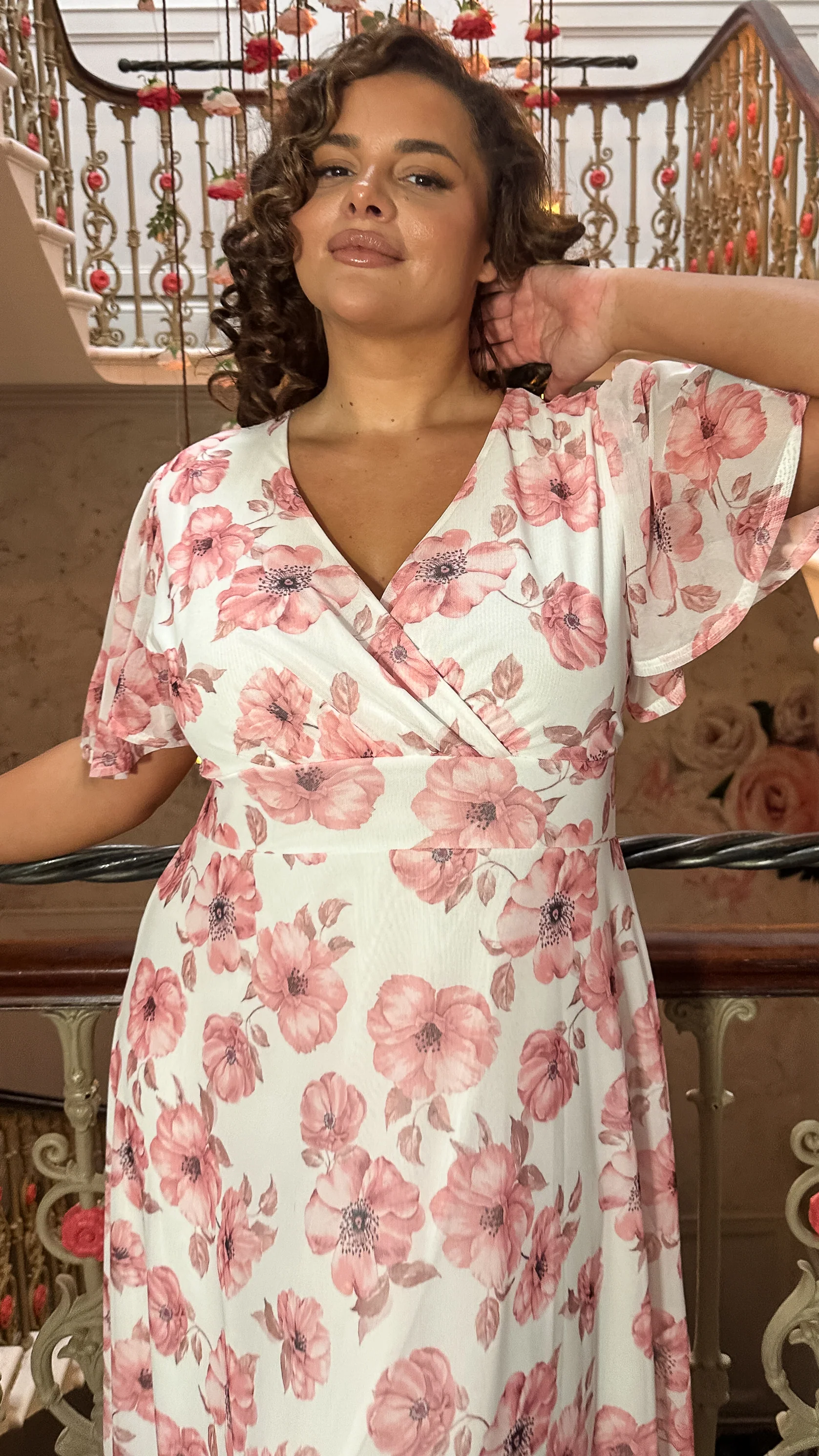 CurveWow Mesh Angel Sleeve Dress Pink Floral - Image 2