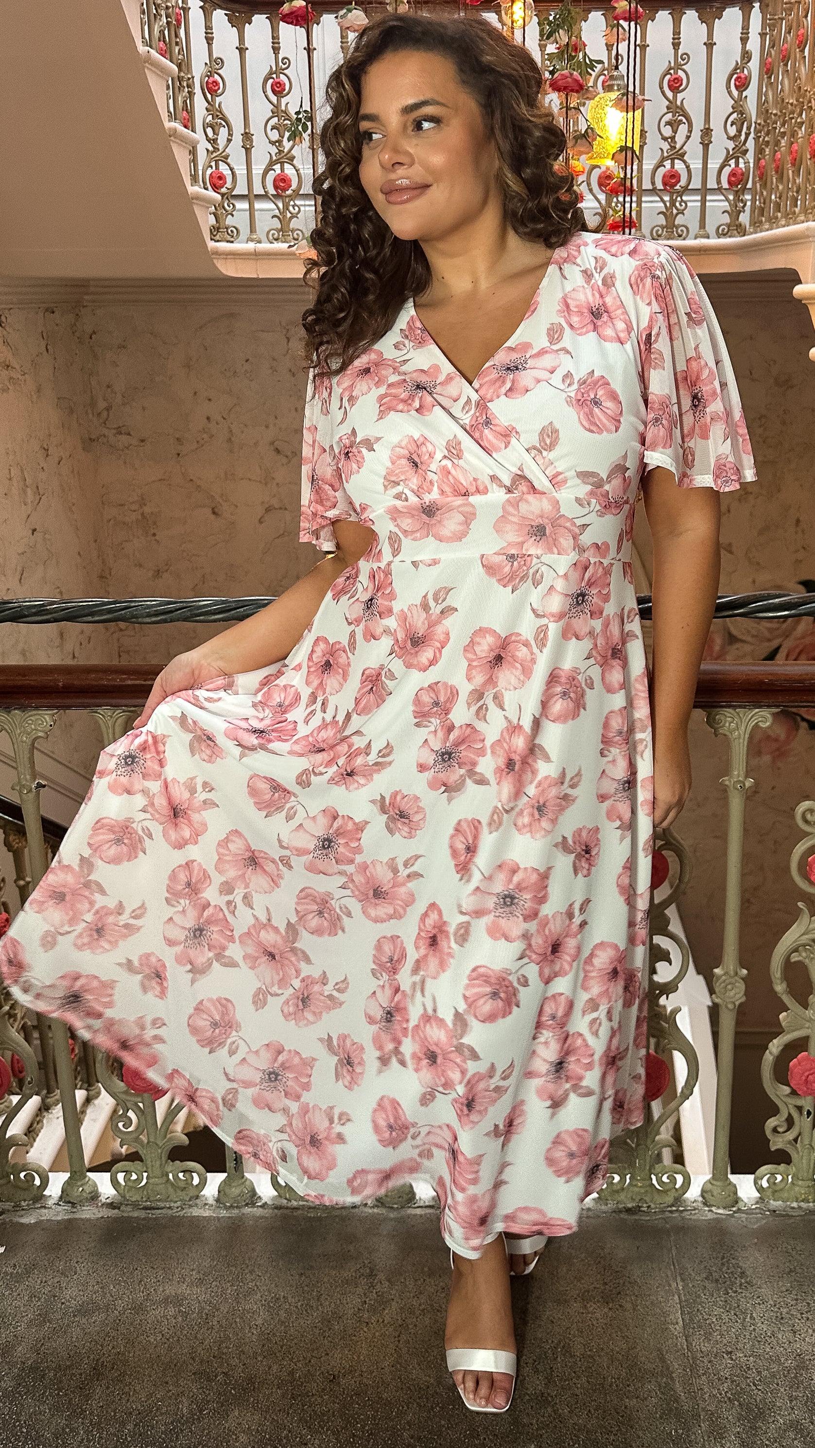 CurveWow Mesh Angel Sleeve Dress Pink Floral - Image 7