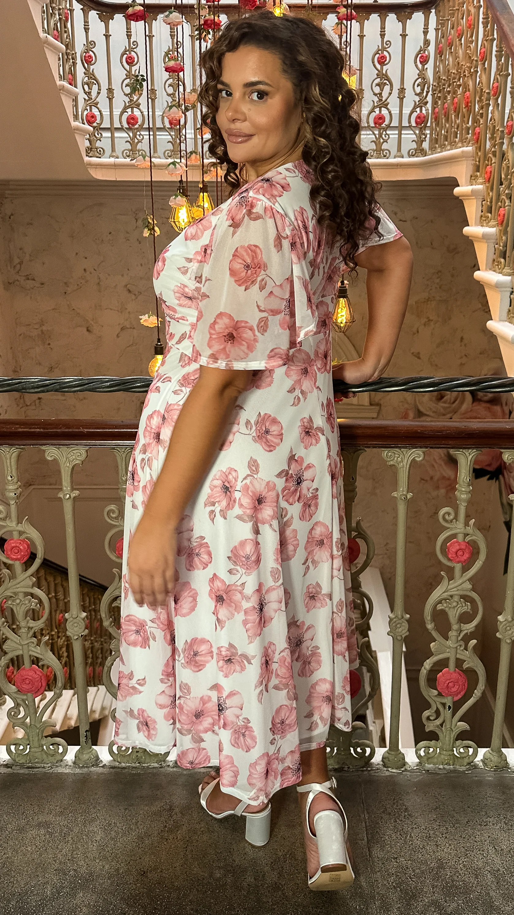 CurveWow Mesh Angel Sleeve Dress Pink Floral - Image 9