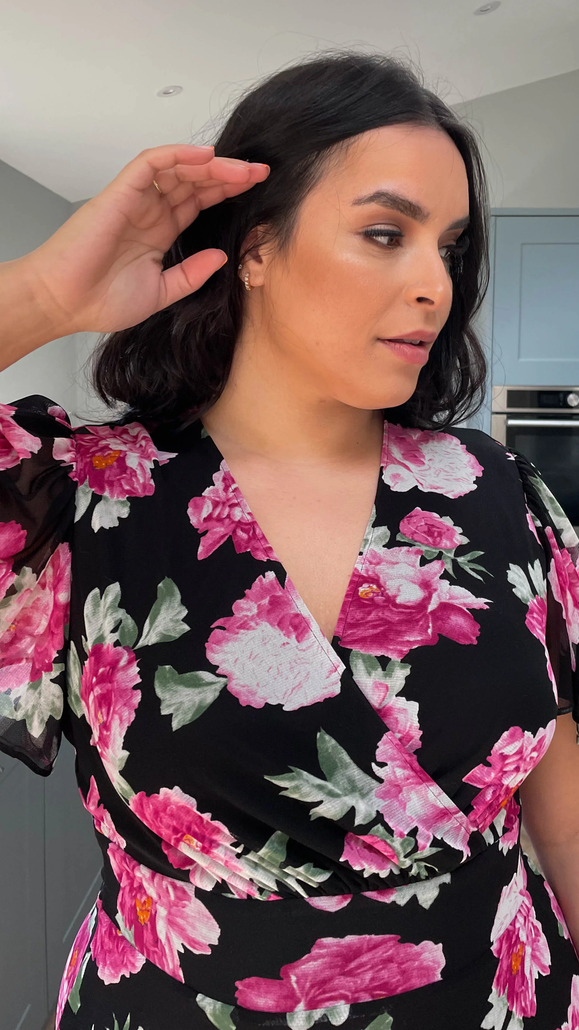 CurveWow Mesh Angel Sleeve Dress Pink Floral - Image 10